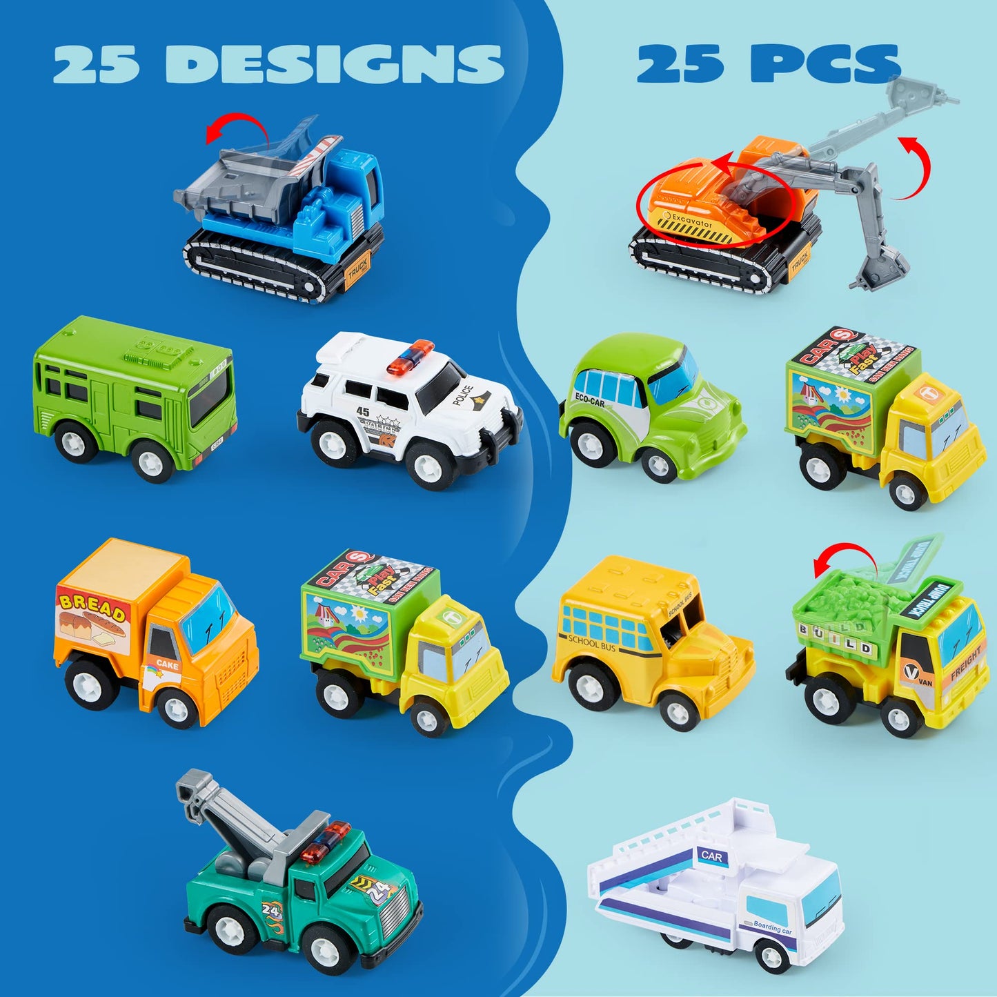 JOYIN 25-Piece Pull-Back Cars & Trucks Set for Kids – Friction-Powered Toys