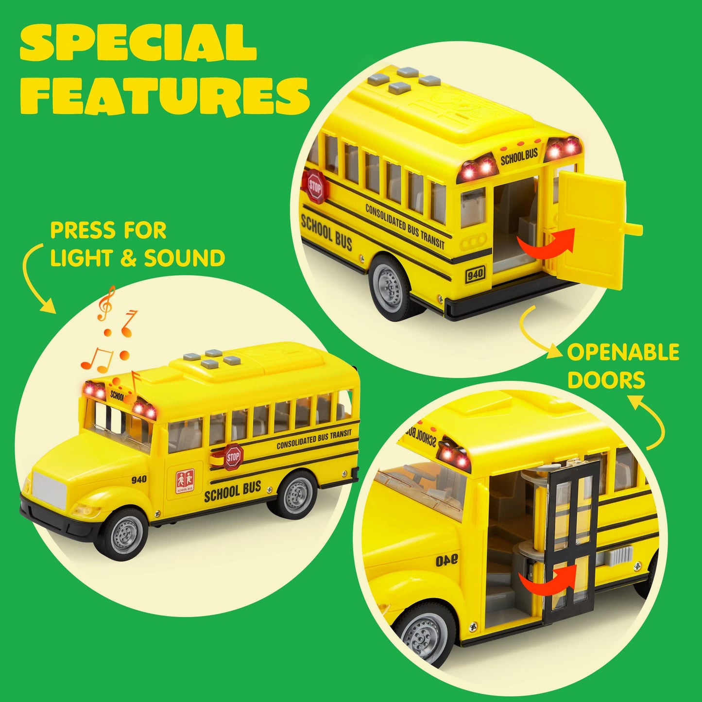 JOYIN 4 Pcs 7\" Vehicle Toy Set with Lights & Sirens – Police Car, Garbage Truck, Fire Truck, School Bus