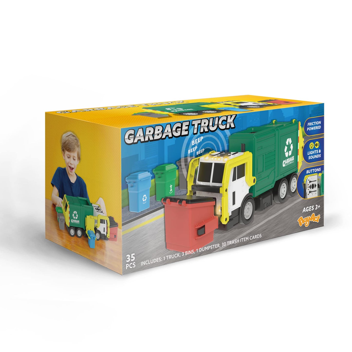 JOYIN Large Friction-Powered Garbage Truck Toy Set with Dumpster, Bins & Learning Cards