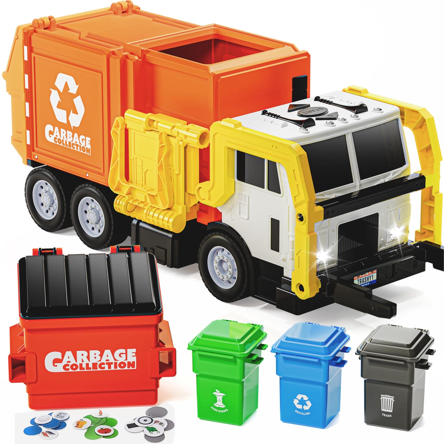 JOYIN Large Friction Powered Garbage Truck Toy Set – Front Loader, Dumpster, Bins & Learning Cards (Orange)