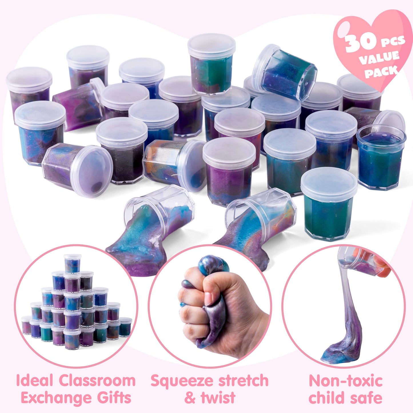 JOYIN 30 Pcs Valentine Gift Cards with Galaxy Slime – Kids' Fidget Toys & Classroom Prizes