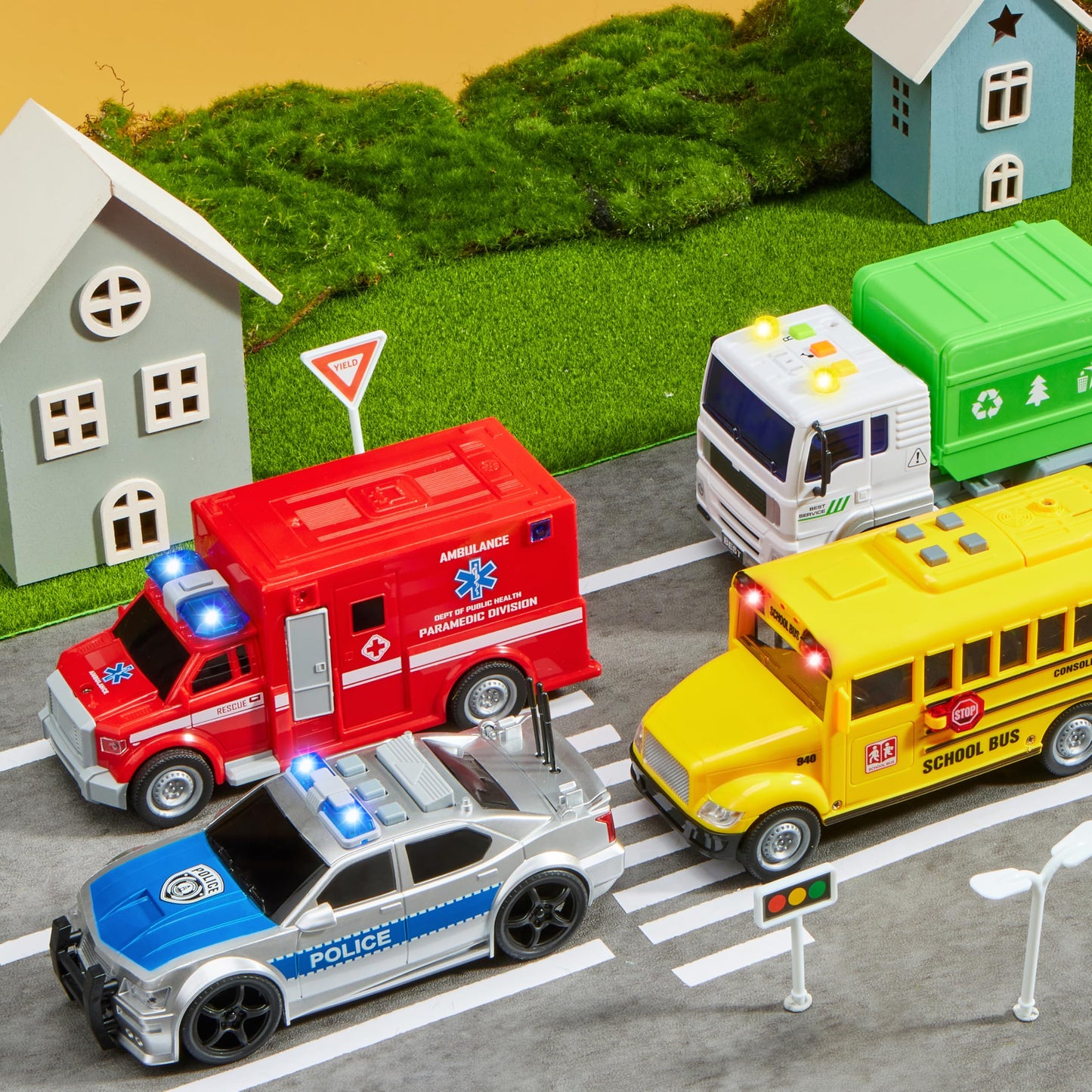 JOYIN 4 Pcs 7\" Vehicle Toy Set with Lights & Sirens – Police Car, Garbage Truck, Fire Truck, School Bus