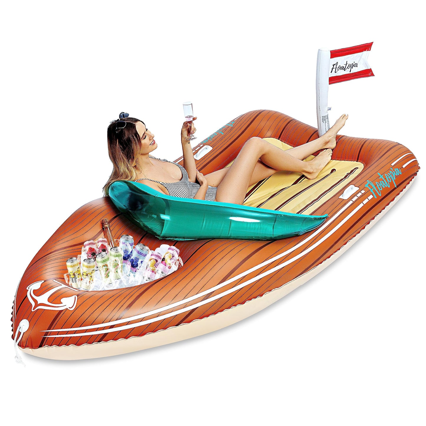 JOYIN Giant Boat Pool Float with Cooler – Two-Person Inflatable Lounger