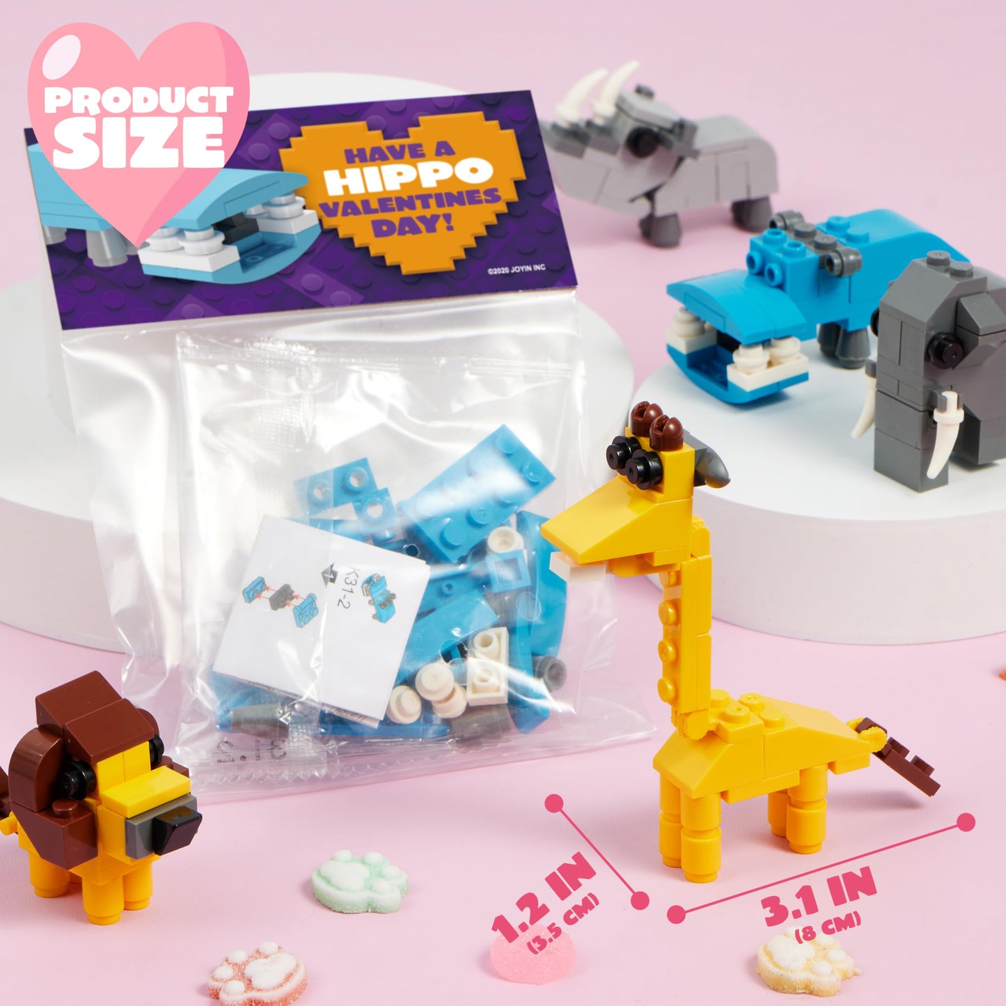 JOYIN 24 Safari Animal Valentine Cards with Building Blocks – Party Favors & Classroom Prizes