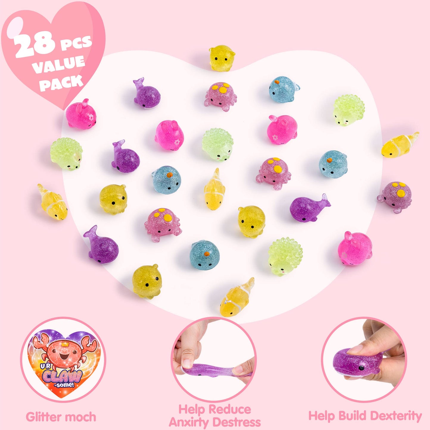 JOYIN 28-Pack Valentine Gift Cards with Glitter Mochi Squishy Toys — Sea Animals