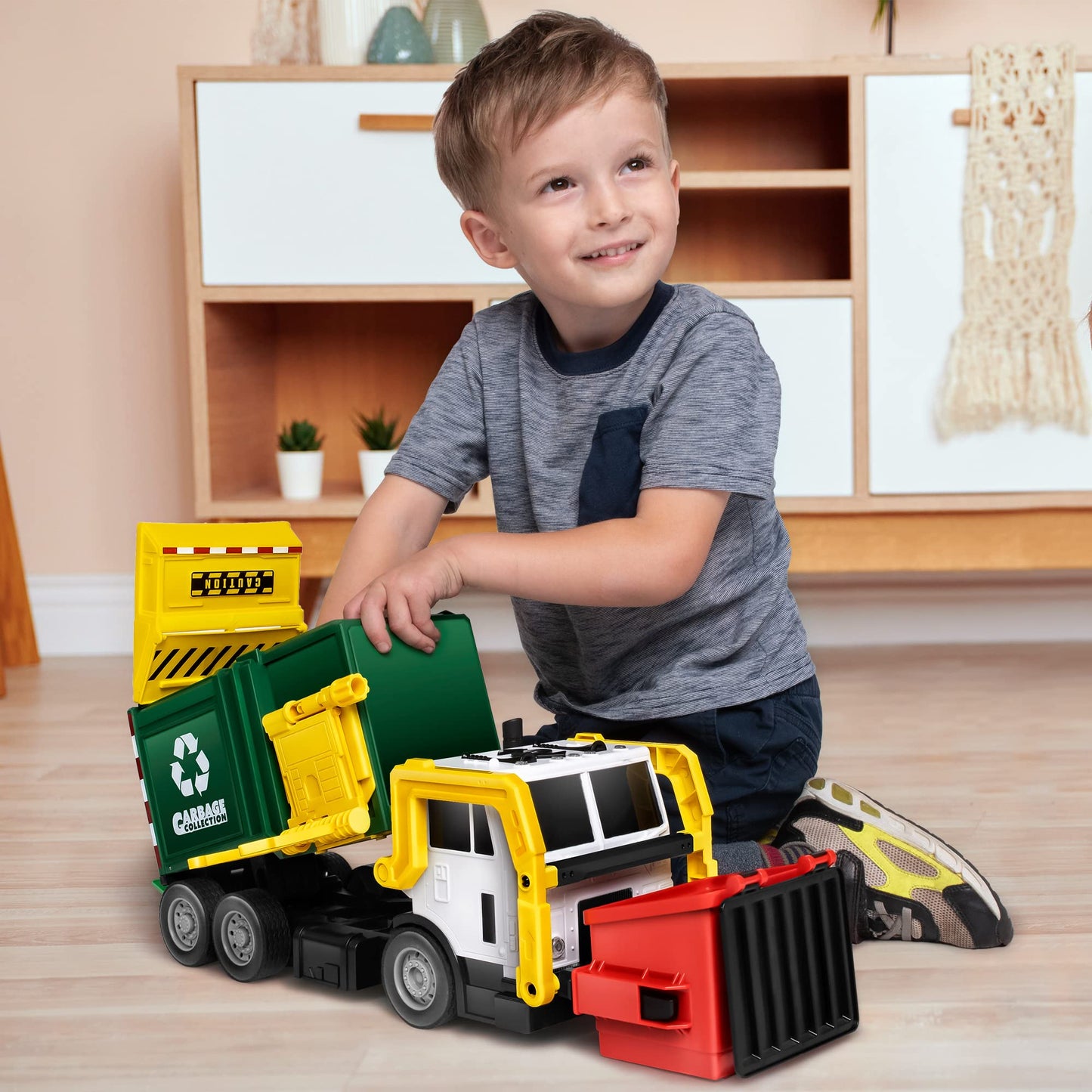 JOYIN Large Friction-Powered Garbage Truck Toy Set with Dumpster, Bins & Learning Cards