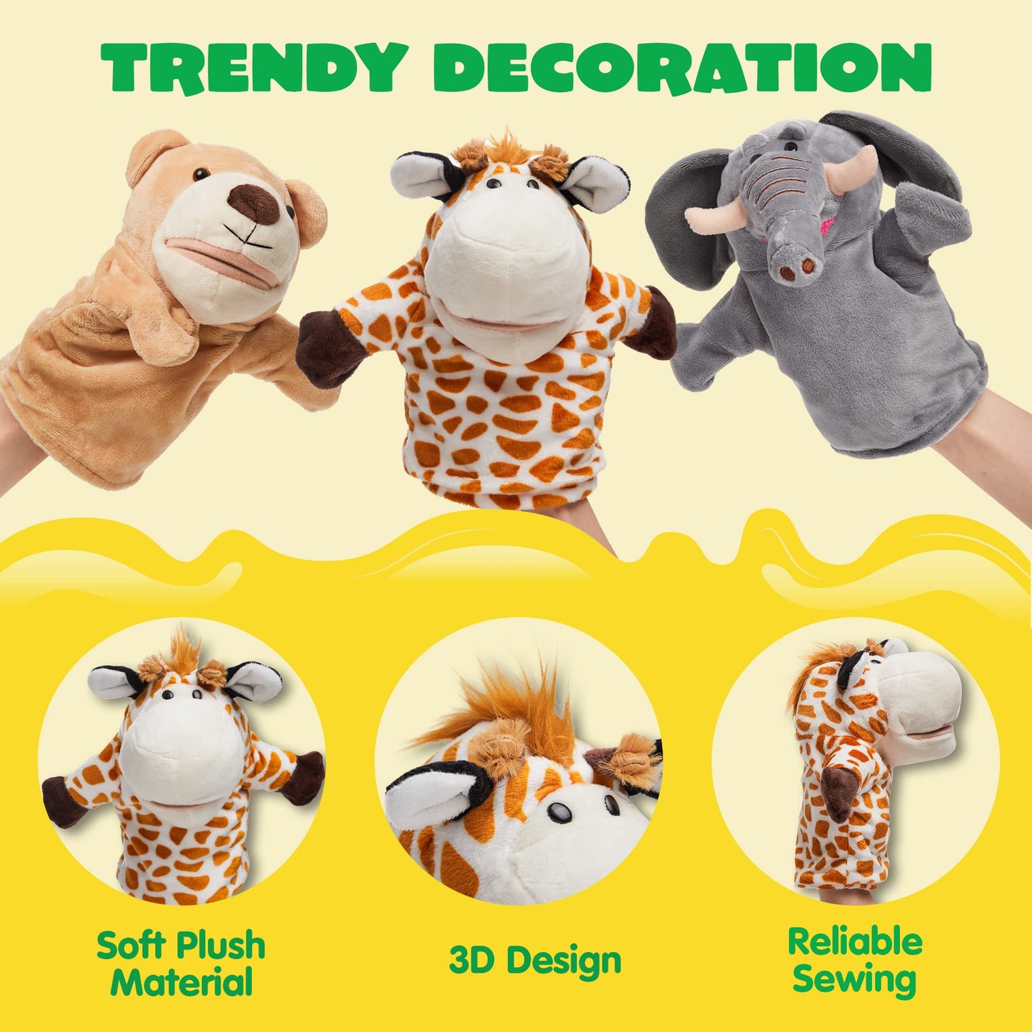 JOYIN 6Pcs Kids Hand Puppet Set with Working Mouth — Elephant, Giraffe, Lion, Bear, Raccoon & Monkey