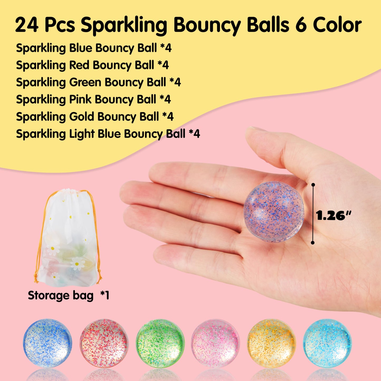 JOYIN 24 Pcs Glitter Bouncy Balls – 6 Styles, 32mm | Party Favors & Goodie Bags