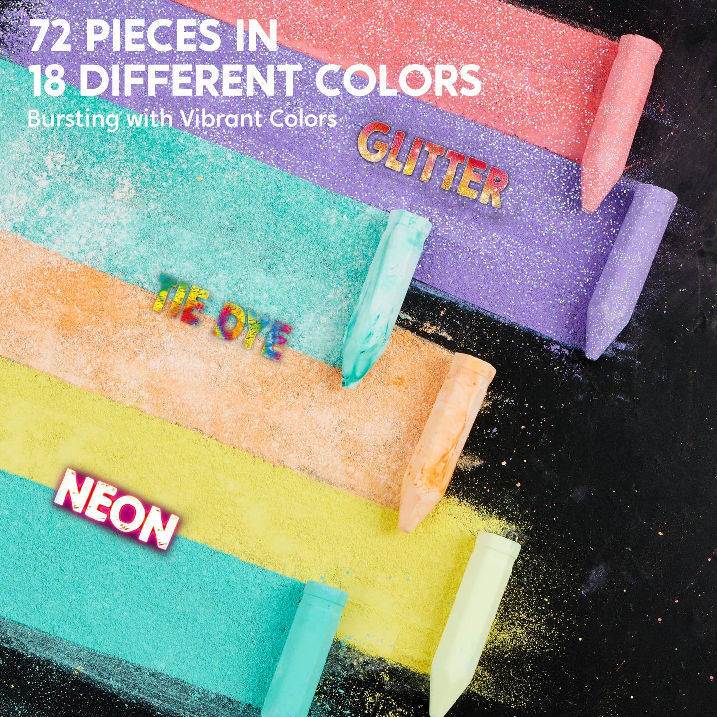 JOYIN 72 PCS Washable Sidewalk Chalk – 12 Packs, Glitter, Neon & Tie-Dye, Outdoor Art for Kids