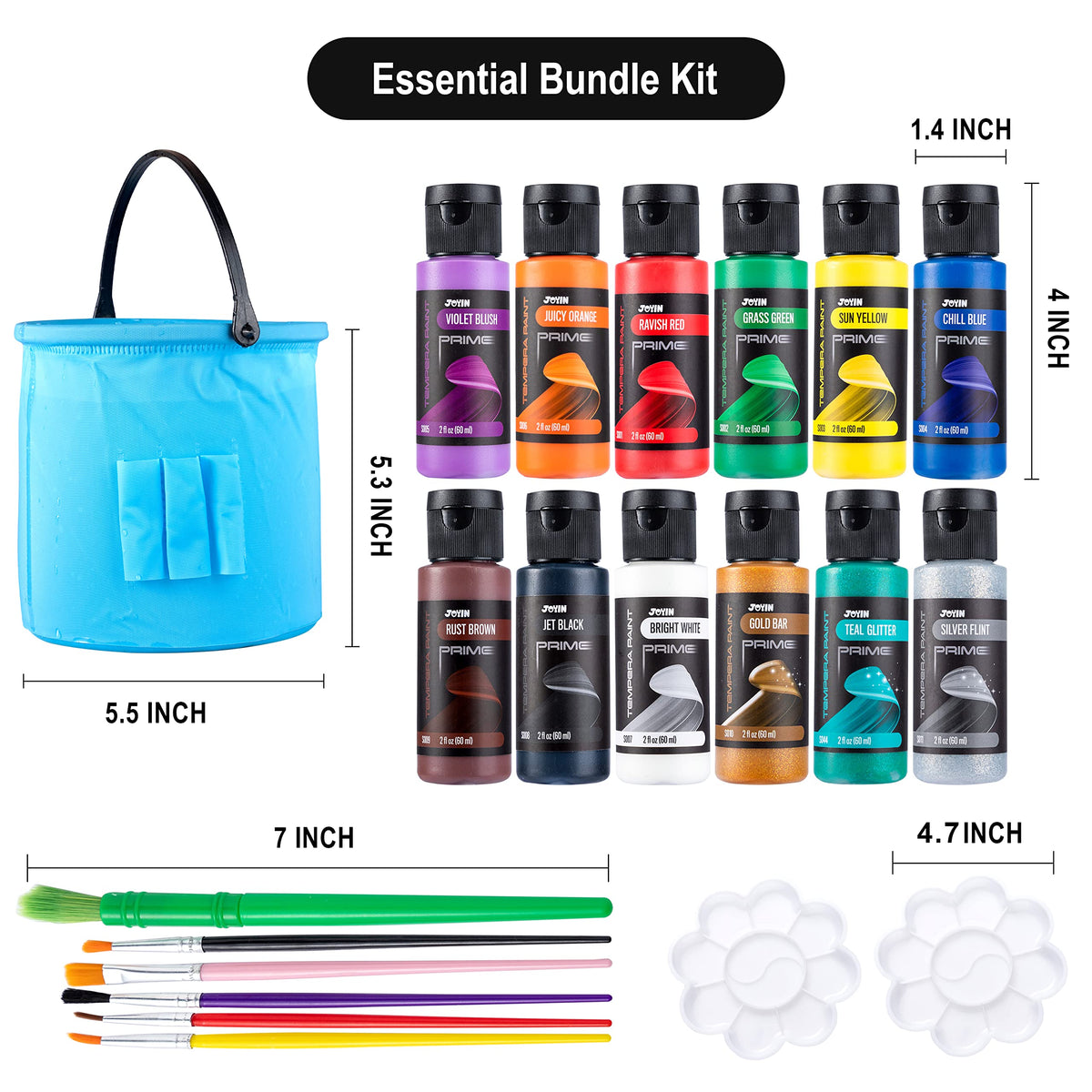 JOYIN 12-Pcs Washable Kids Tempera Paint Set – 2 oz Bottles, 6 Brushes, 2 Palettes, 1 Foldable Washing Bucket – Non-Toxic