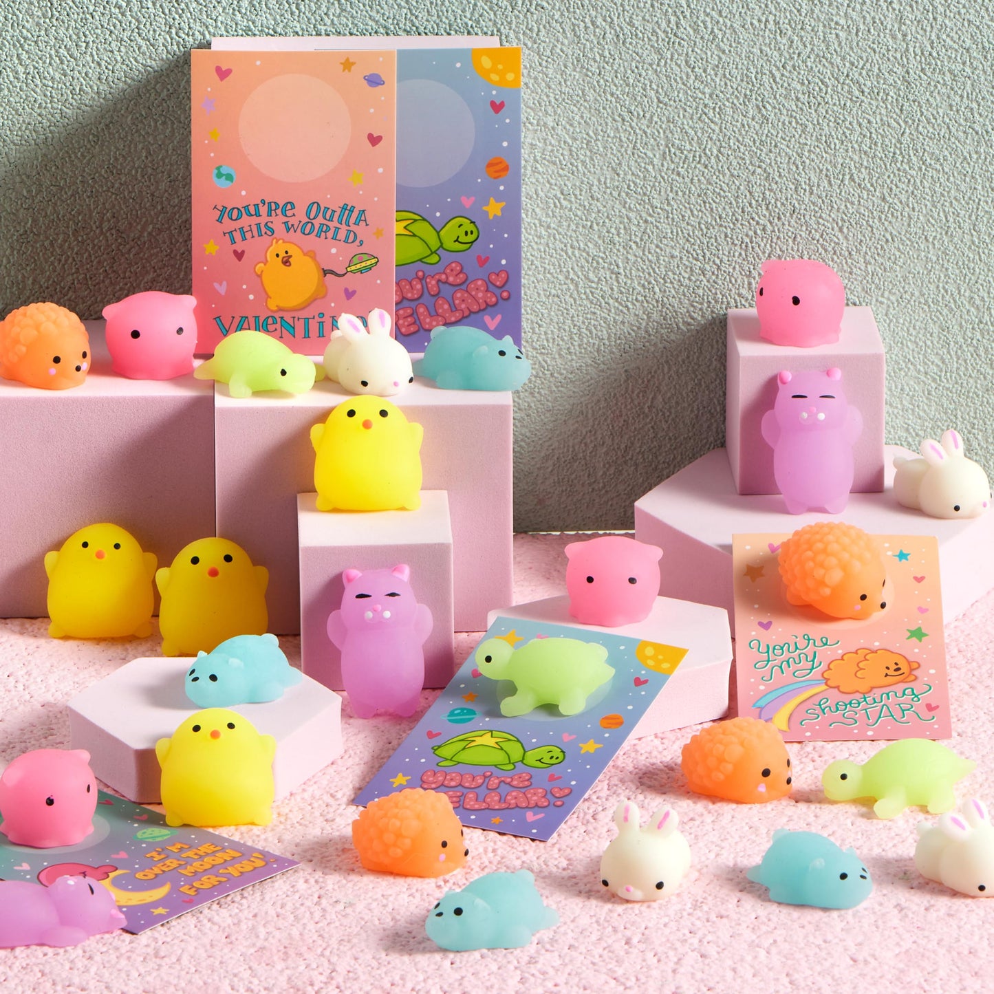 JOYIN 28-Pack Valentines Gift Cards with Glow-in-The-Dark Kawaii Mochi Squishy Toys
