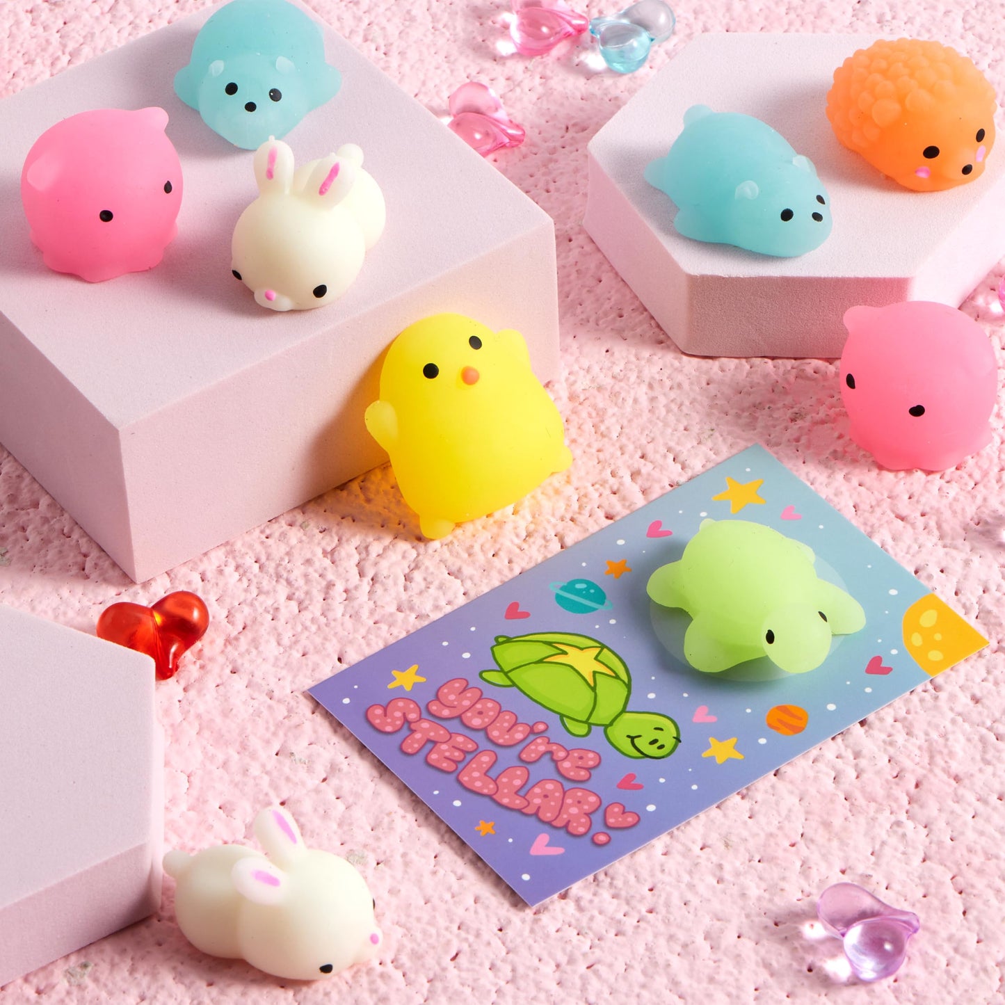 JOYIN 28-Pack Valentines Gift Cards with Glow-in-The-Dark Kawaii Mochi Squishy Toys