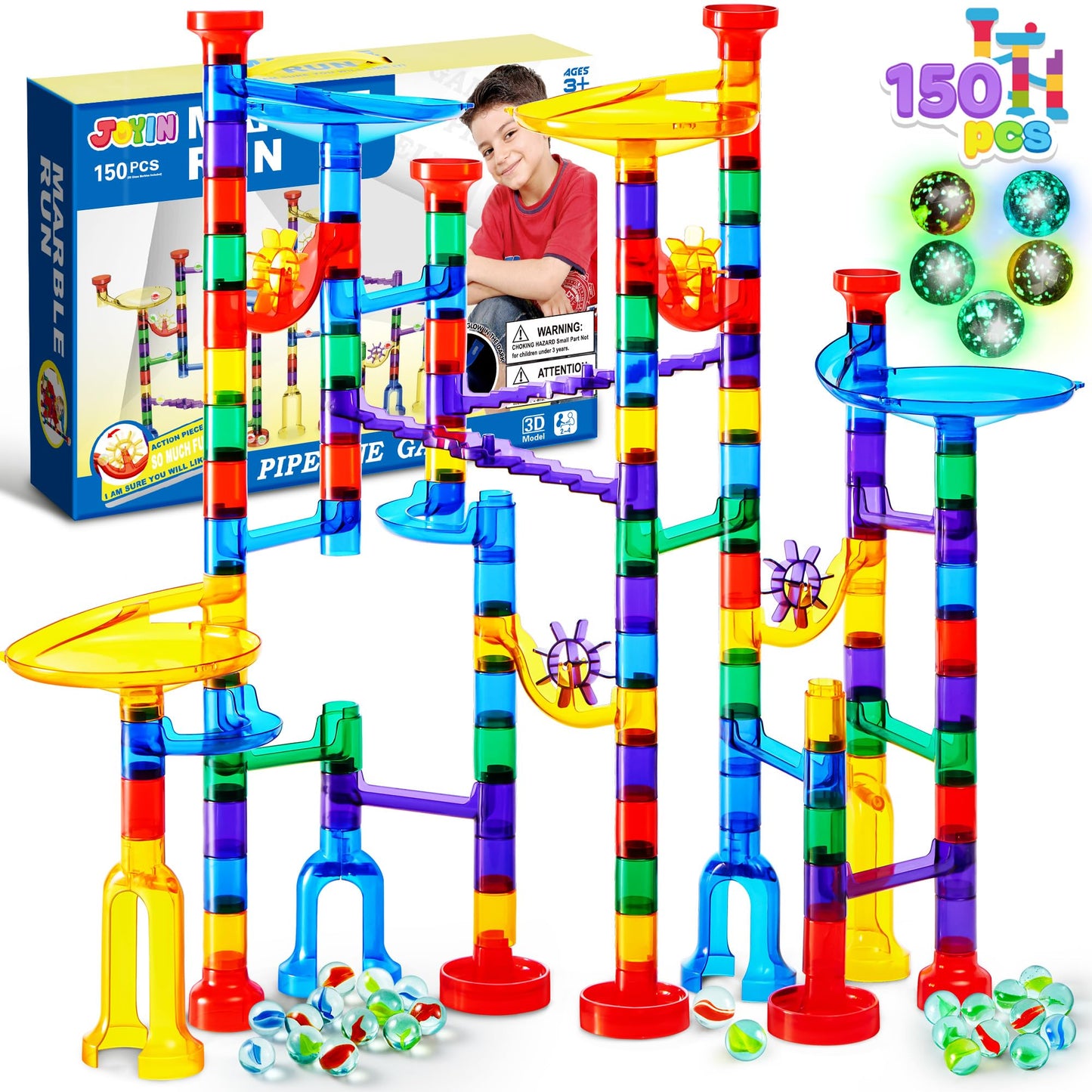 JOYIN 150Pcs Glowing Marble Run Set – STEM Building Blocks with 5 Glow-in-the-Dark Marbles