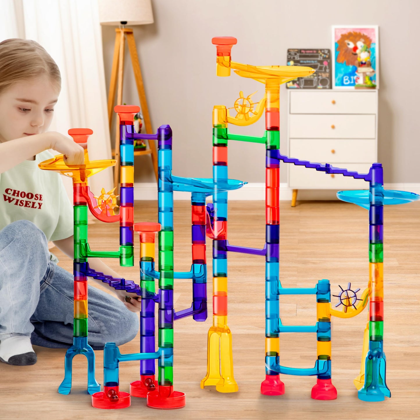 JOYIN 150Pcs Glowing Marble Run Set – STEM Building Blocks with 5 Glow-in-the-Dark Marbles
