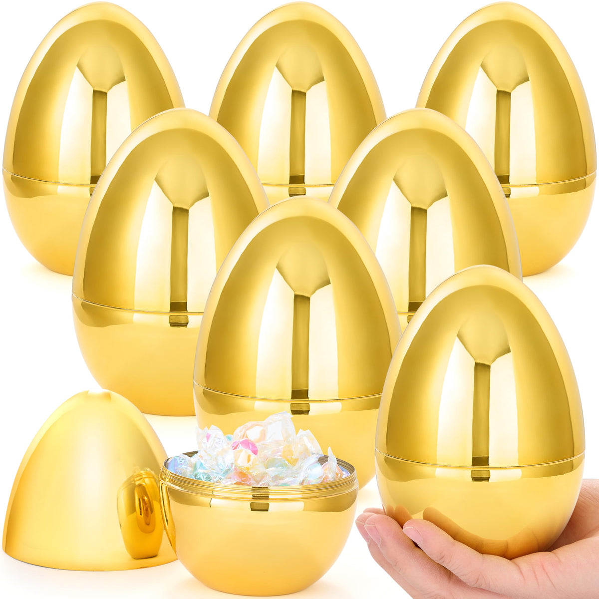 JOYIN 6 Pcs Large Gold Easter Eggs – 6-Inch Jumbo Fillable Metallic Plastic Eggs for Easter Hunt & Decor