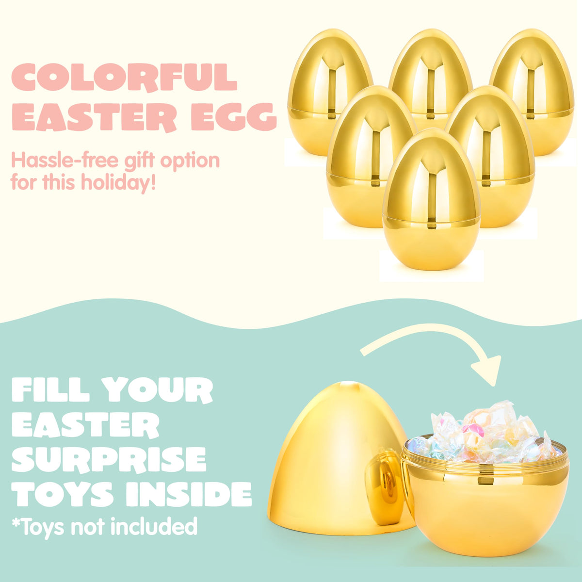 JOYIN 6 Pcs Large Gold Easter Eggs – 6-Inch Jumbo Fillable Metallic Plastic Eggs for Easter Hunt & Decor