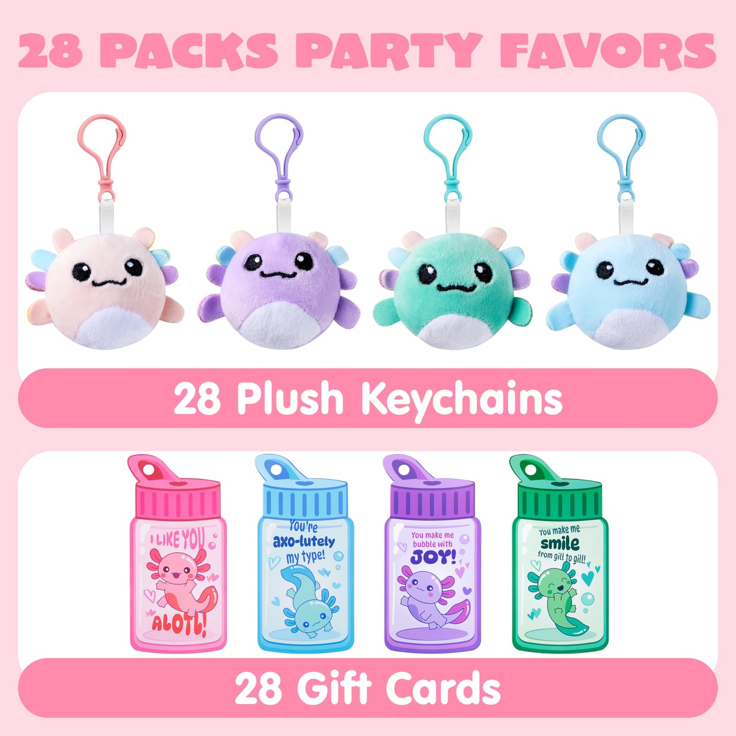 JOYIN 28 Pcs Valentine Axolotl Plush Keychains & Greeting Cards for Classrooms