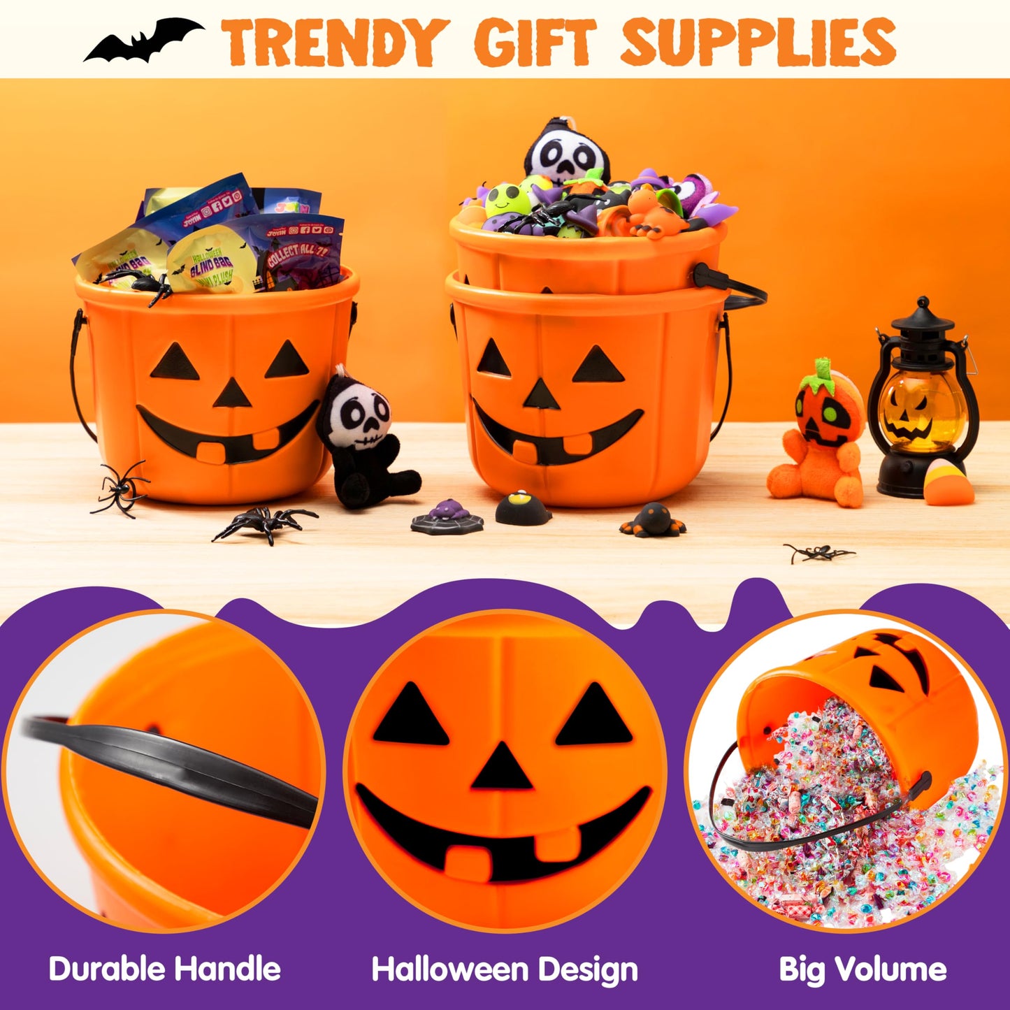 JOYIN 6Pcs Halloween Pumpkin Buckets – Jack O' Lantern Candy Buckets for Trick or Treating, 7x5 in, Reusable