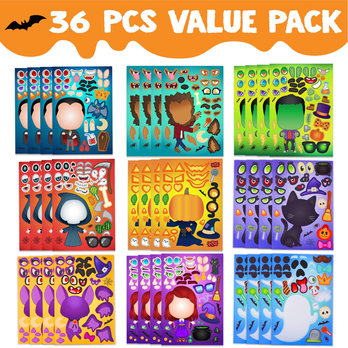 JOYIN 36 PCS Halloween Craft Stickers – Face Sticker Set for Party Favors, DIY Decor & Classroom Activities