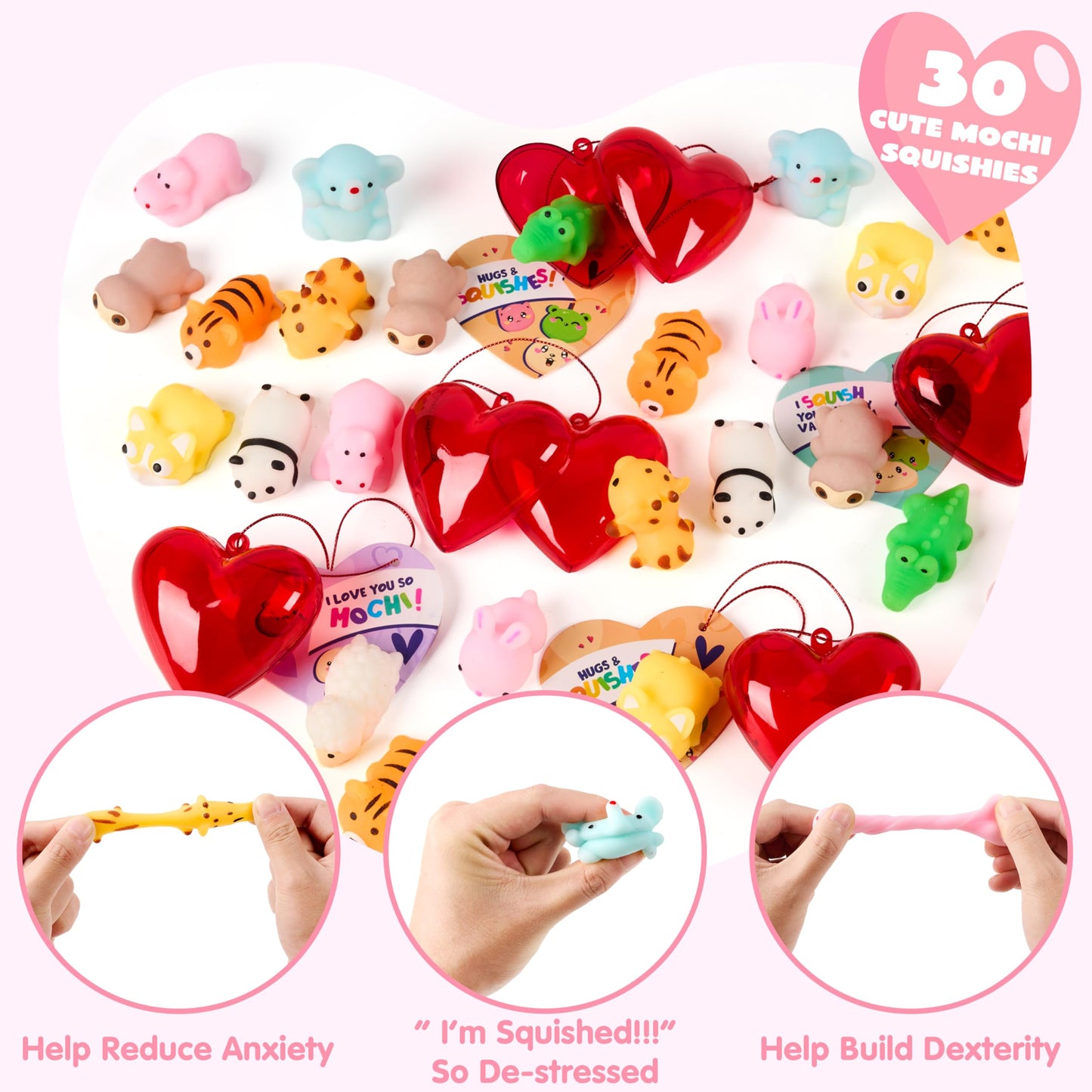 JOYIN 30 Packs Valentines Day Gifts for Kids – Animal Mochi Squishy Toys with Heart Cards