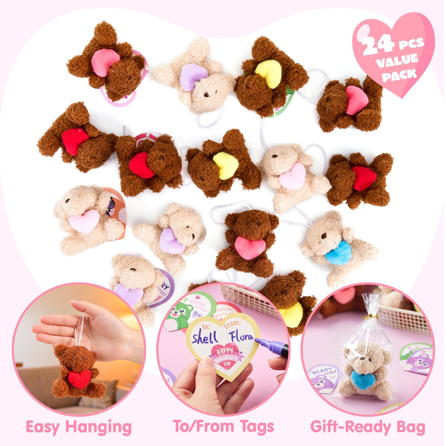 JOYIN 24 Pcs Valentine Bears with Hearts & Cards – Plush Toys for Kids