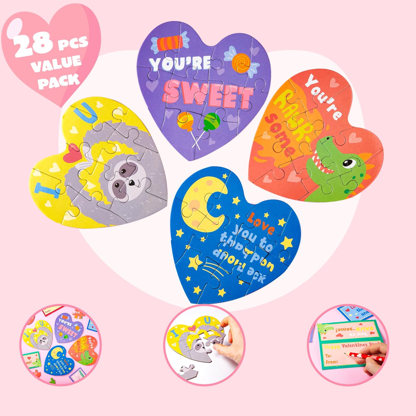 JOYIN 28-Pack Valentine’s Gift Cards with Heart Puzzles – Classroom Prizes & Party Favors