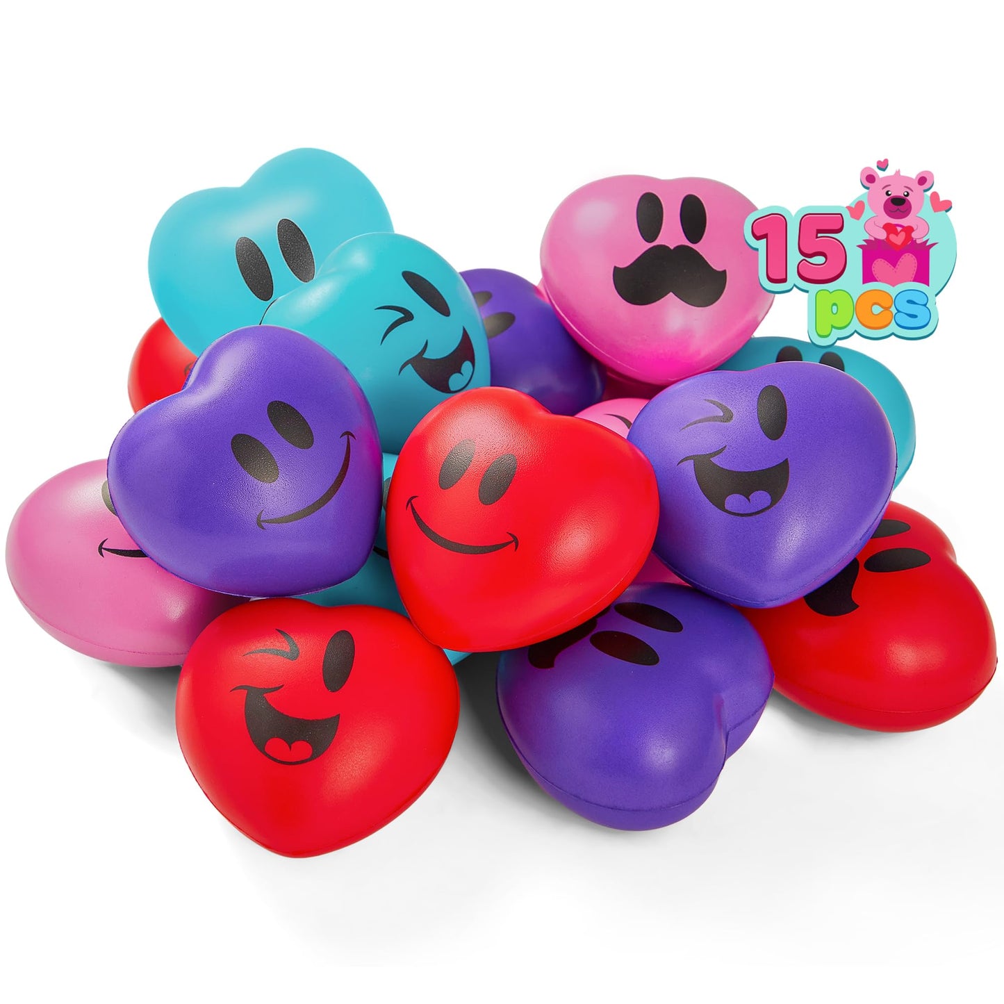JOYIN 15 Pcs Valentines Heart Shape Stress Ball Set – 3in Squishy Toys