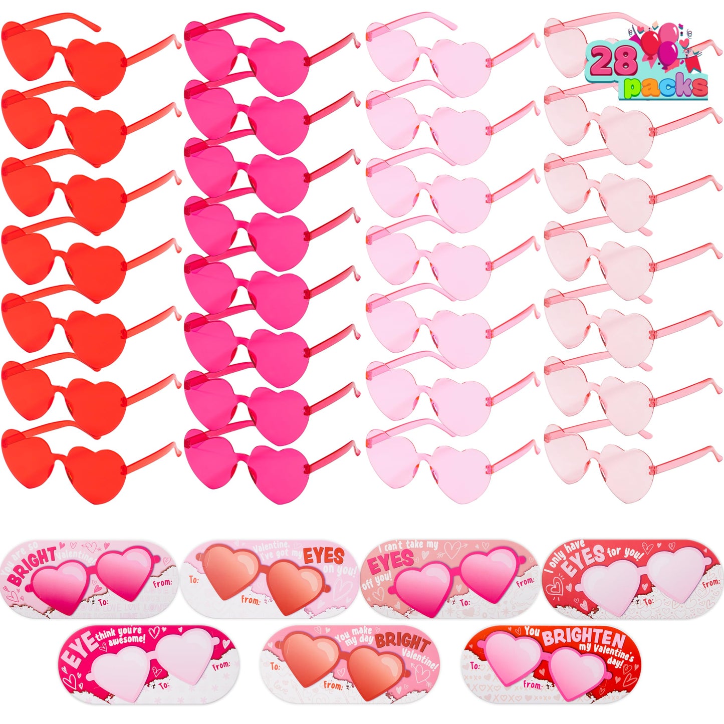 JOYIN 28 Packs Valentines Day Heart Shaped Sunglasses with Cards – Classroom Gifts & Party Favors
