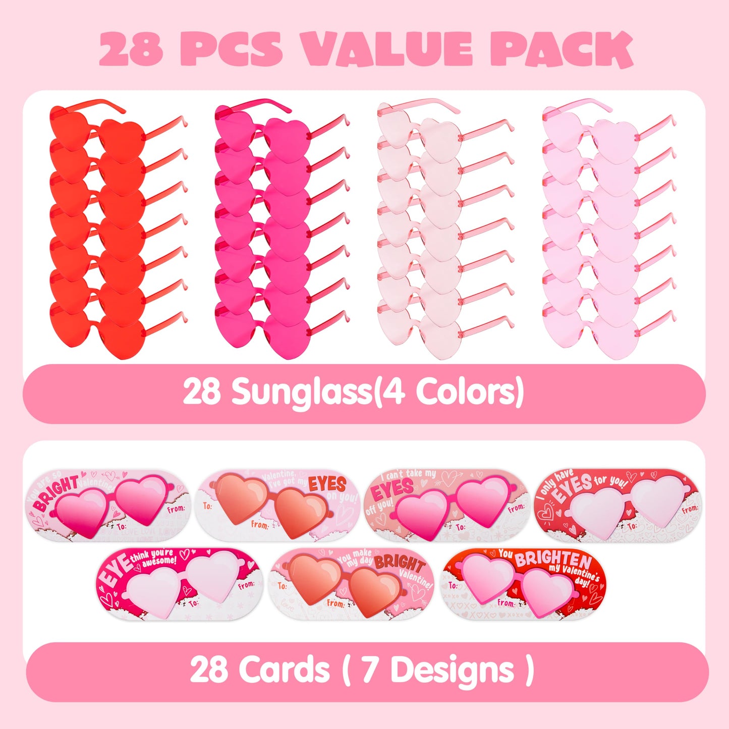 JOYIN 28 Packs Valentines Day Heart Shaped Sunglasses with Cards – Classroom Gifts & Party Favors