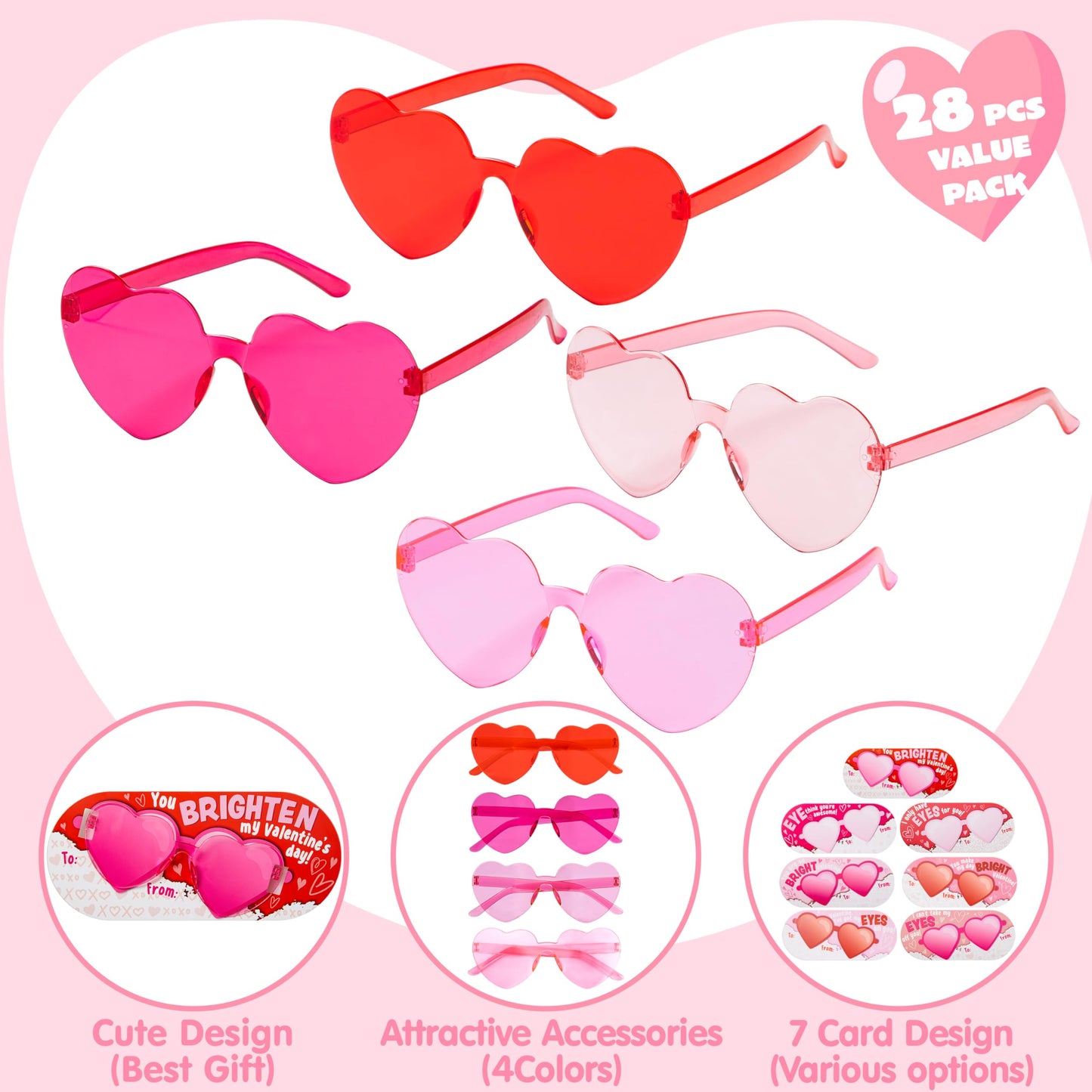 JOYIN 28 Packs Valentines Day Heart Shaped Sunglasses with Cards – Classroom Gifts & Party Favors