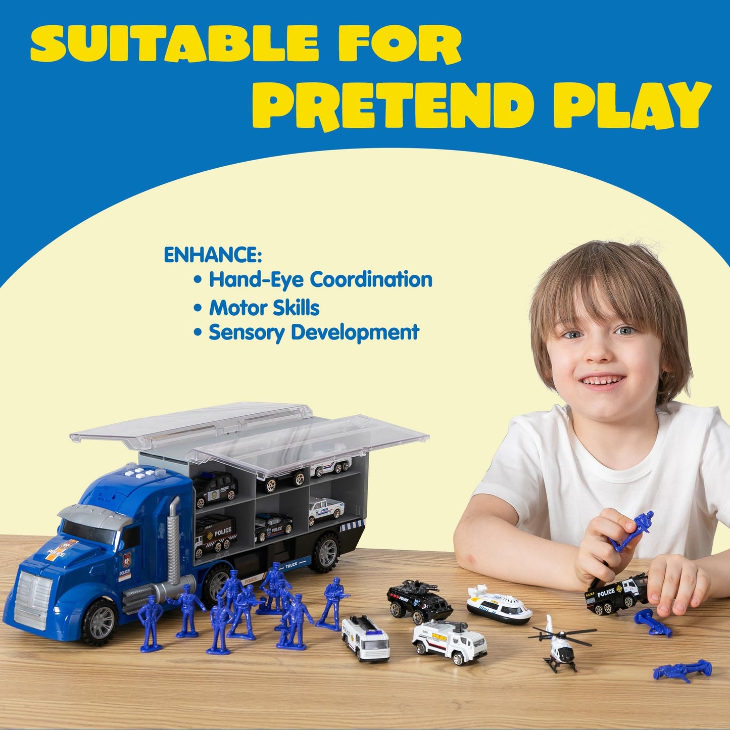 JOYIN 25-in-1 Police Rescue Truck Toy Set with Sounds & Lights – Carrier Truck Playset