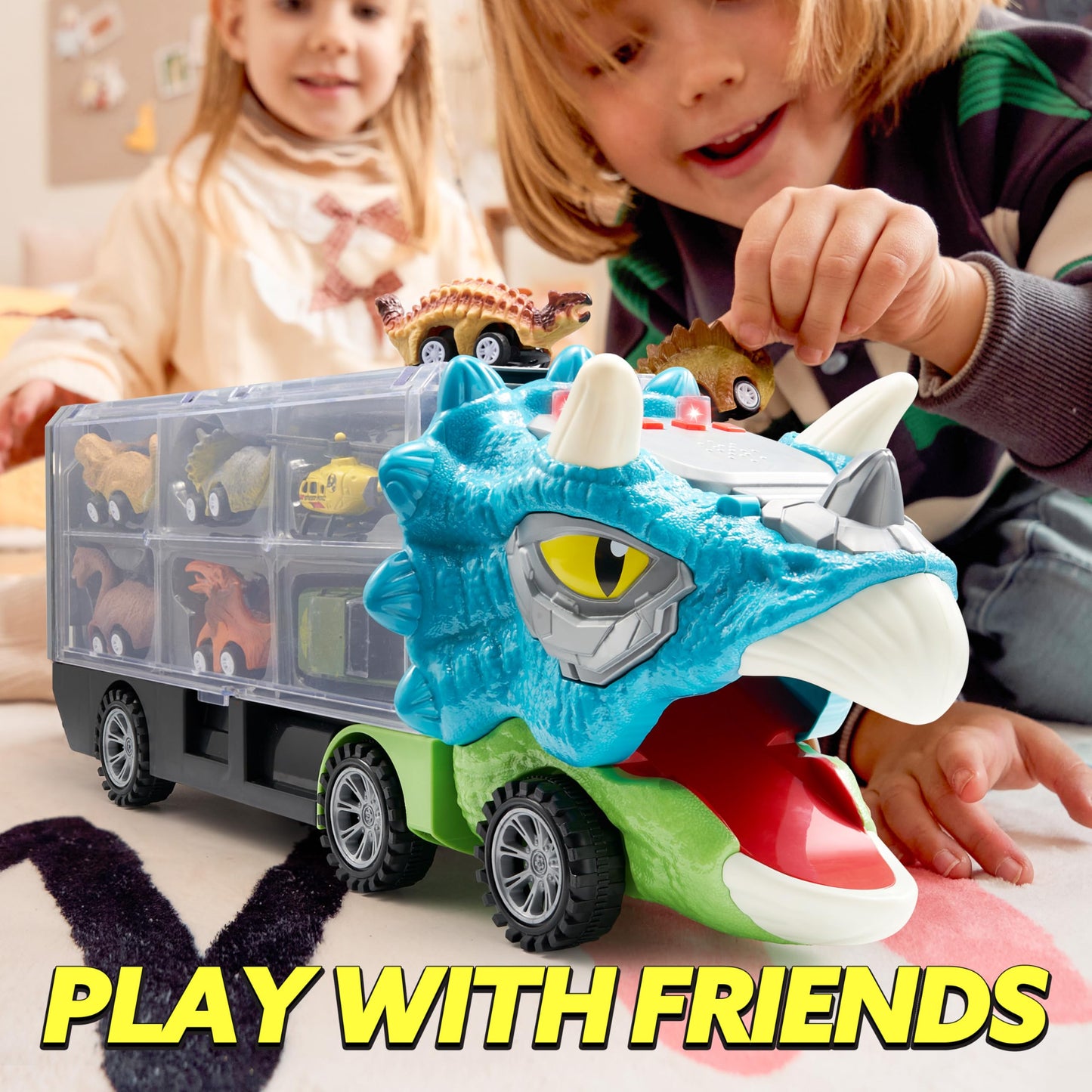 JOYIN 13-in-1 Dinosaur Truck with 12 Pull-Back Cars – Transport Carrier Toy for 3-5 Year Olds