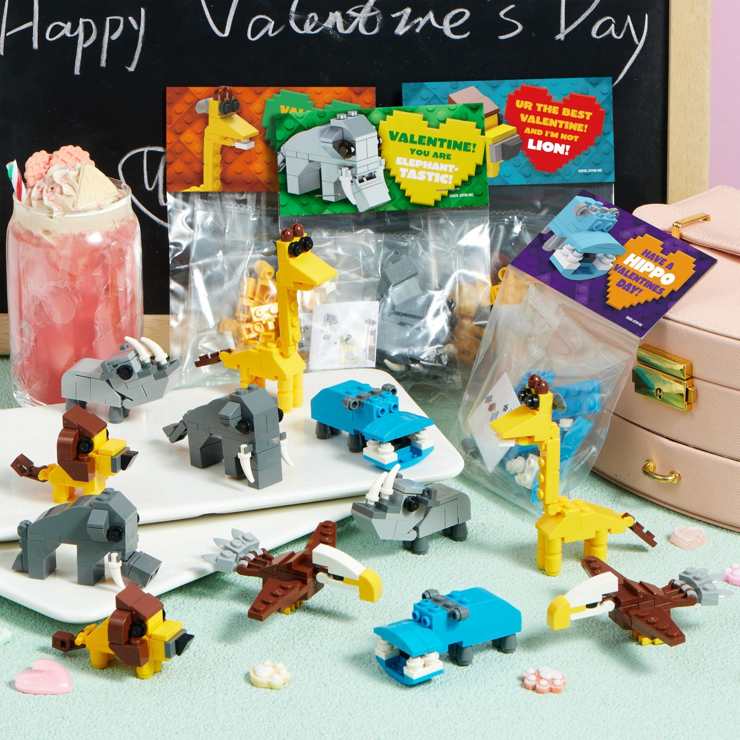 JOYIN 24 Safari Animal Valentine Cards with Building Blocks – Party Favors & Classroom Prizes