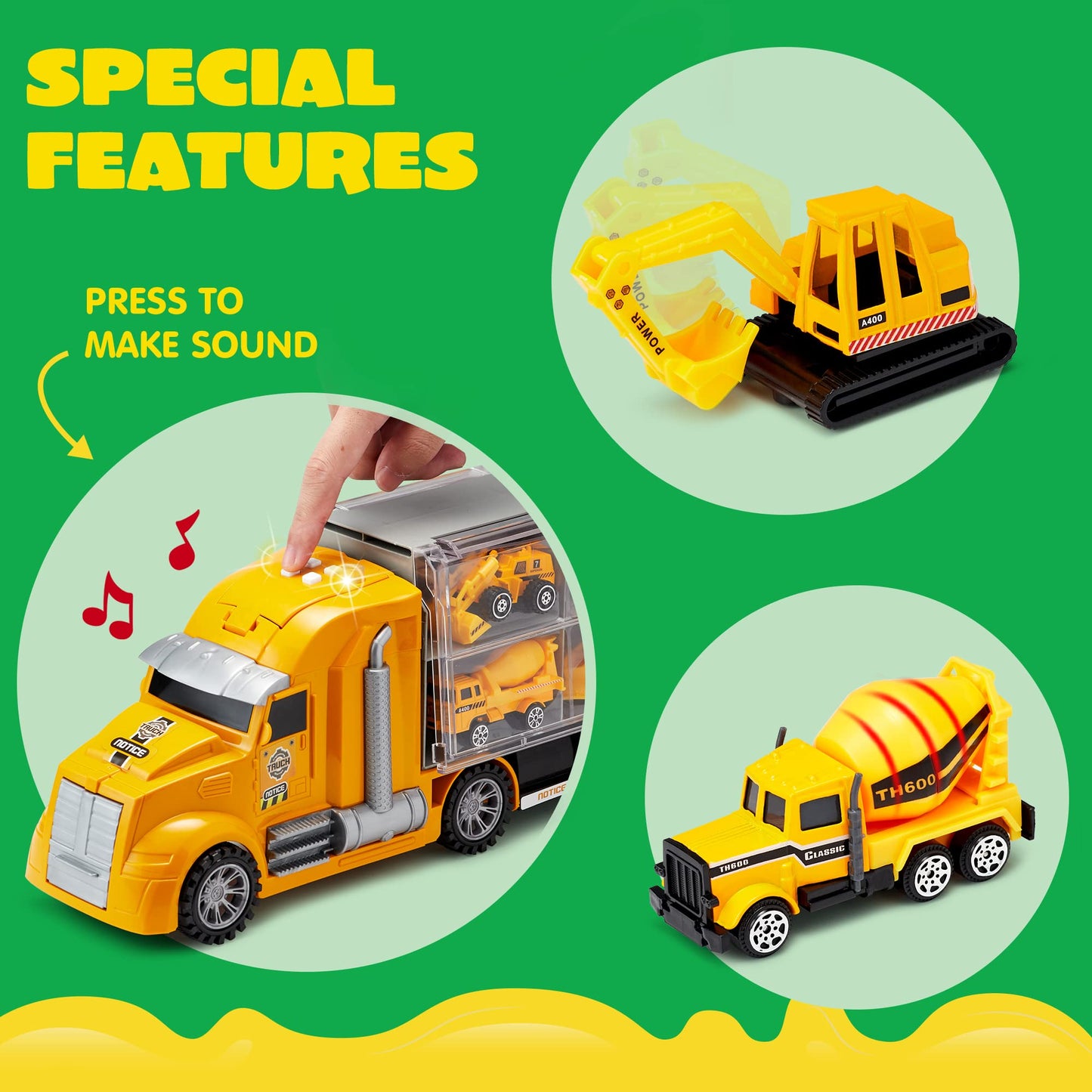 JOYIN 25-in-1 Kids Construction Truck Set – 24Pcs with Sounds & Lights, Carrier Truck, 12 Mini Vehicles & 12 Worker Figures