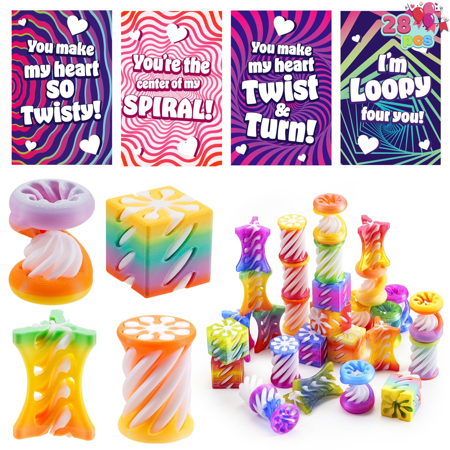 JOYIN 28 Pcs Valentines Day Gift: Impossible Spiral Cone Fidget Toy with Cards