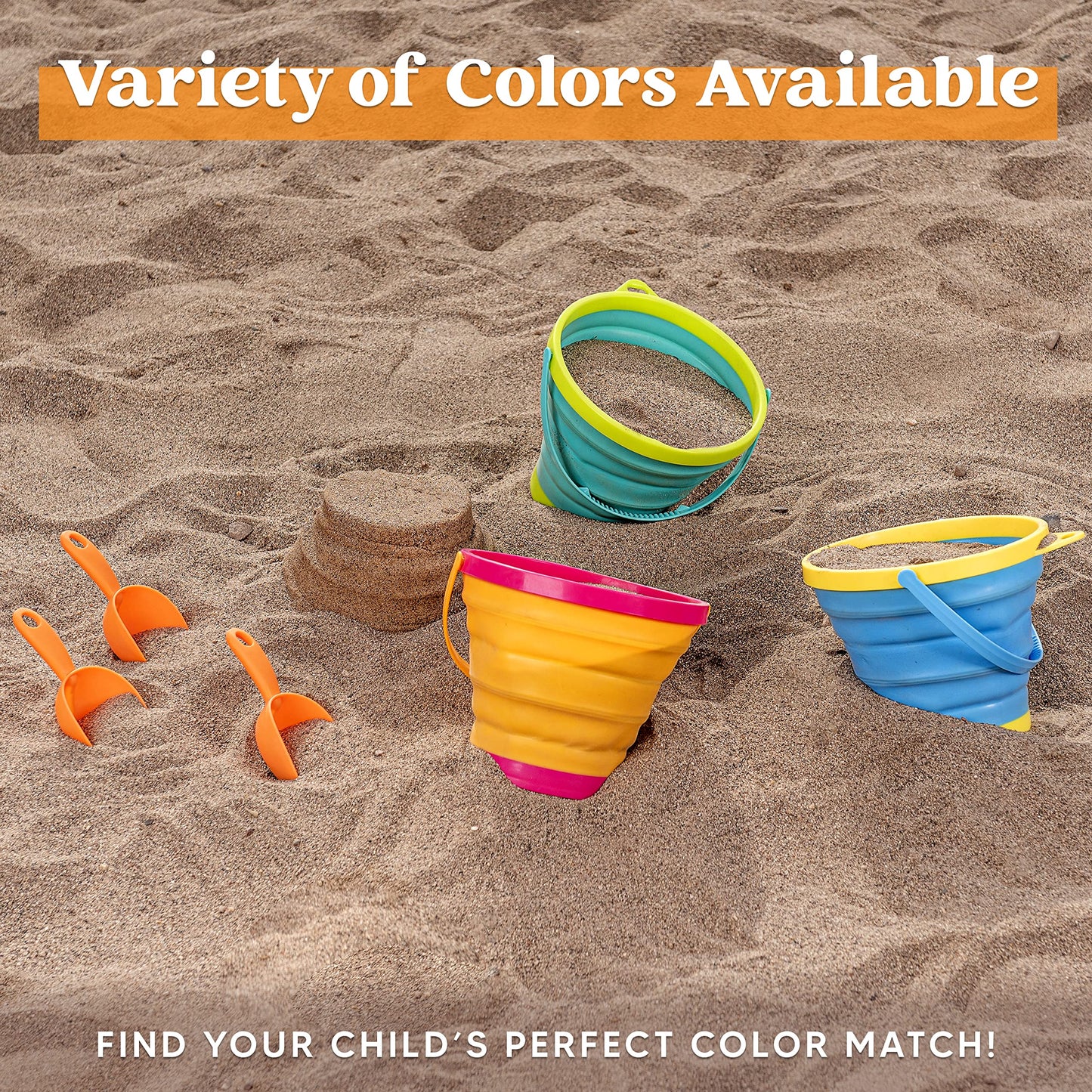 JOYIN 3-Pack Foldable Pail Buckets with Shovels & Mesh Bag – Beach & Camping Fun