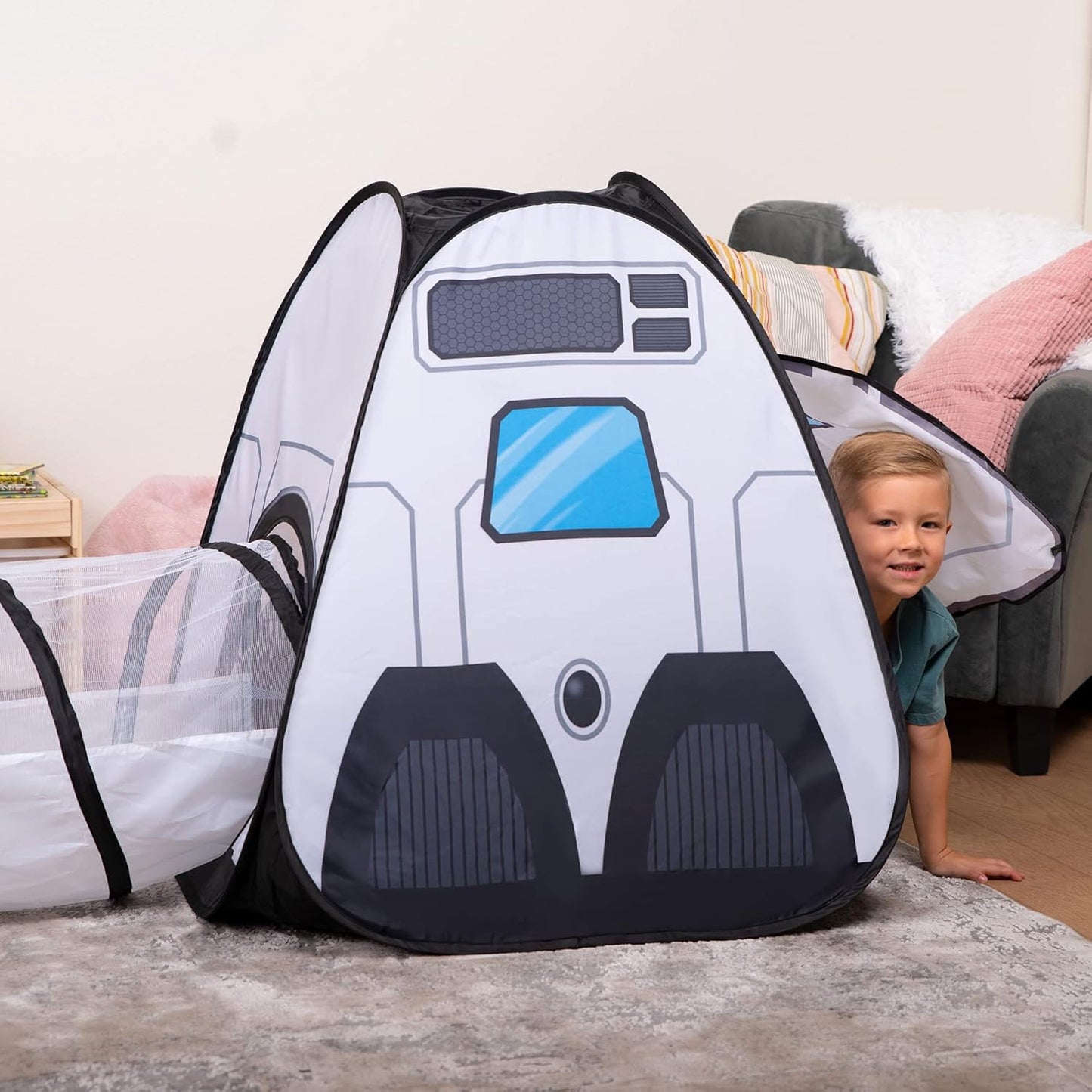 JOYIN White Rocket Ship Pop Up Play Tent with Tunnel – Indoor & Outdoor Kids Space Playset