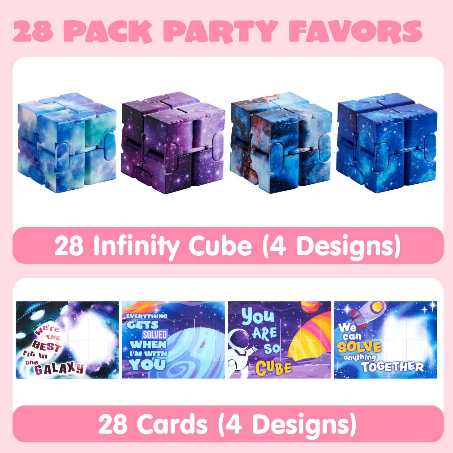 JOYIN 28 Packs Valentine’s Day Gift Cards with Infinity Flip – Cosmic Fidget Toys for Kids