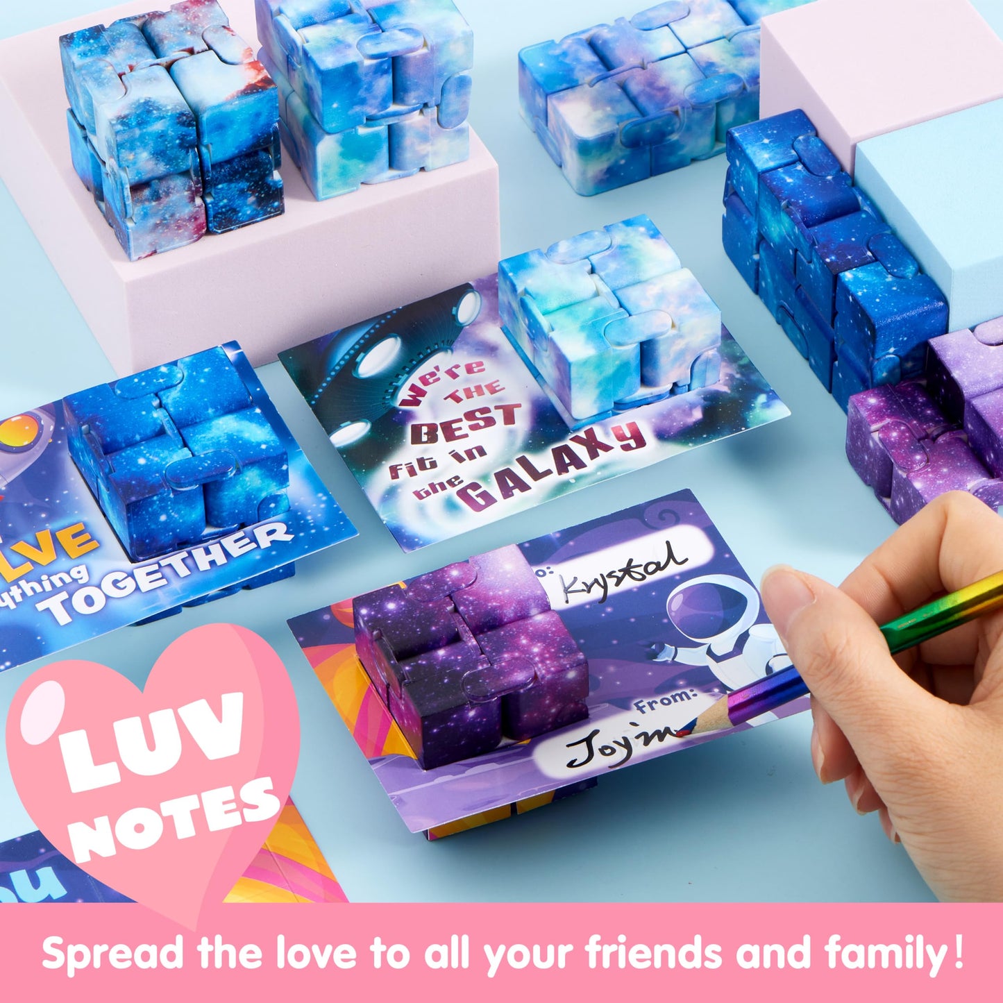JOYIN 28 Packs Valentine’s Day Gift Cards with Infinity Flip – Cosmic Fidget Toys for Kids