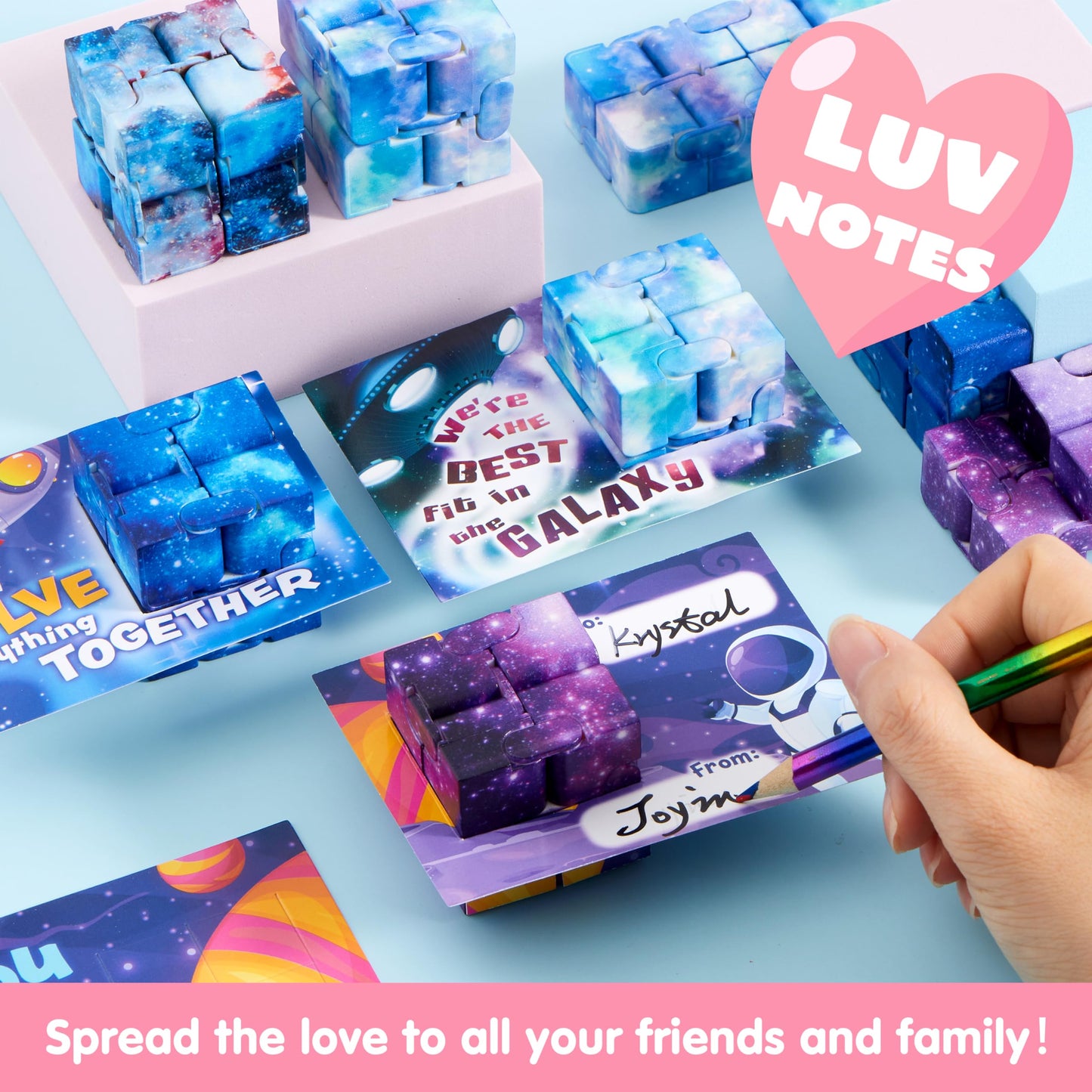 JOYIN 28 Packs Valentine’s Day Gift Cards with Infinity Flip – Cosmic Fidget Toys for Kids