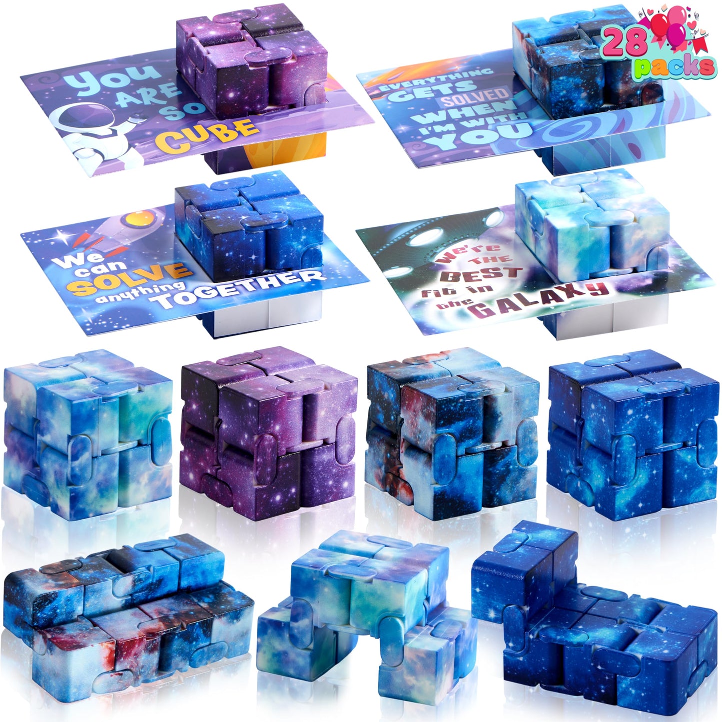 JOYIN 28 Packs Valentine’s Day Gift Cards with Infinity Flip – Cosmic Fidget Toys for Kids