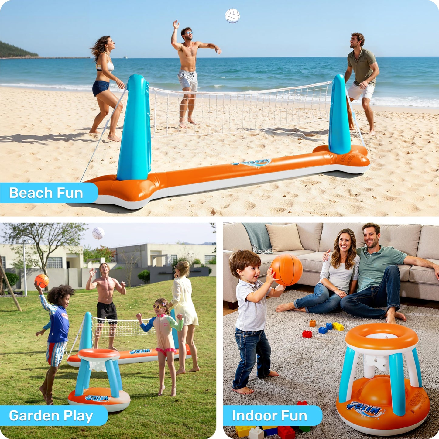 JOYIN Inflatable Pool Float Set with Volleyball Net & Basketball Hoops – 105”x28”x38” / 27.6”x23” | L-Orange
