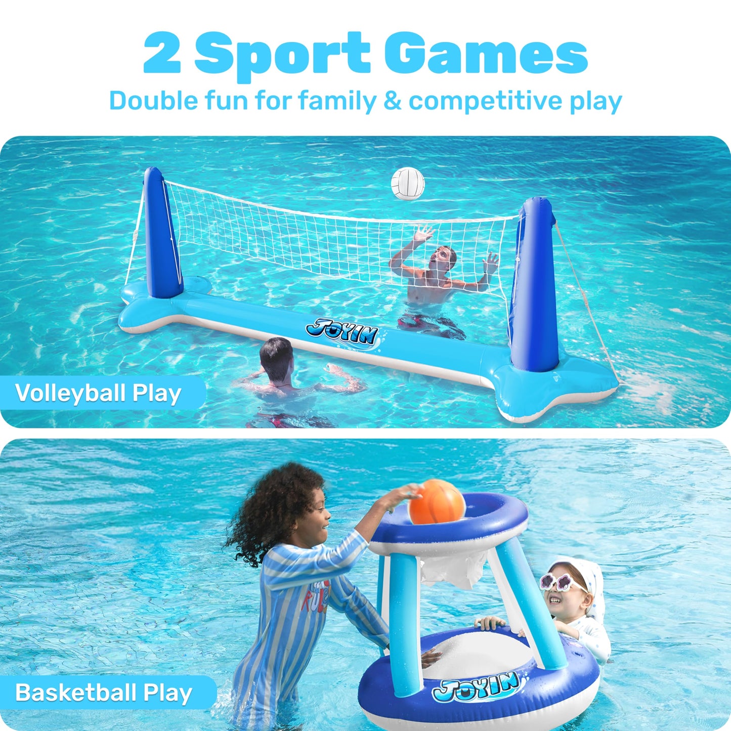 JOYIN Inflatable Volleyball Net & Basketball Hoops Pool Float Set | Balls Included for Kids & Adults | Summer Pool Games