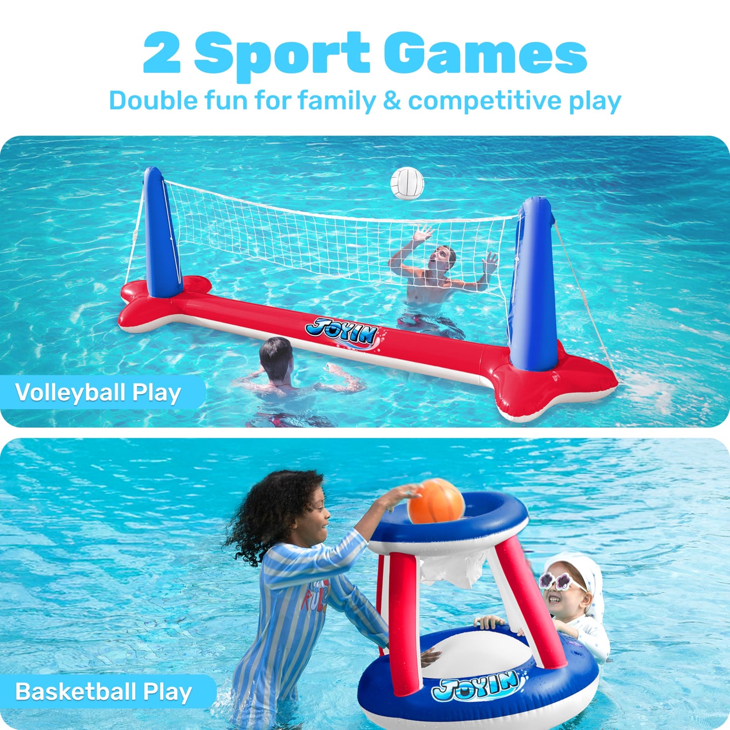 JOYIN Inflatable Pool Float Set – Volleyball Court Net & Basketball Hoops with Balls Included | Summer Pool Games for Kids & Adults | L-Red
