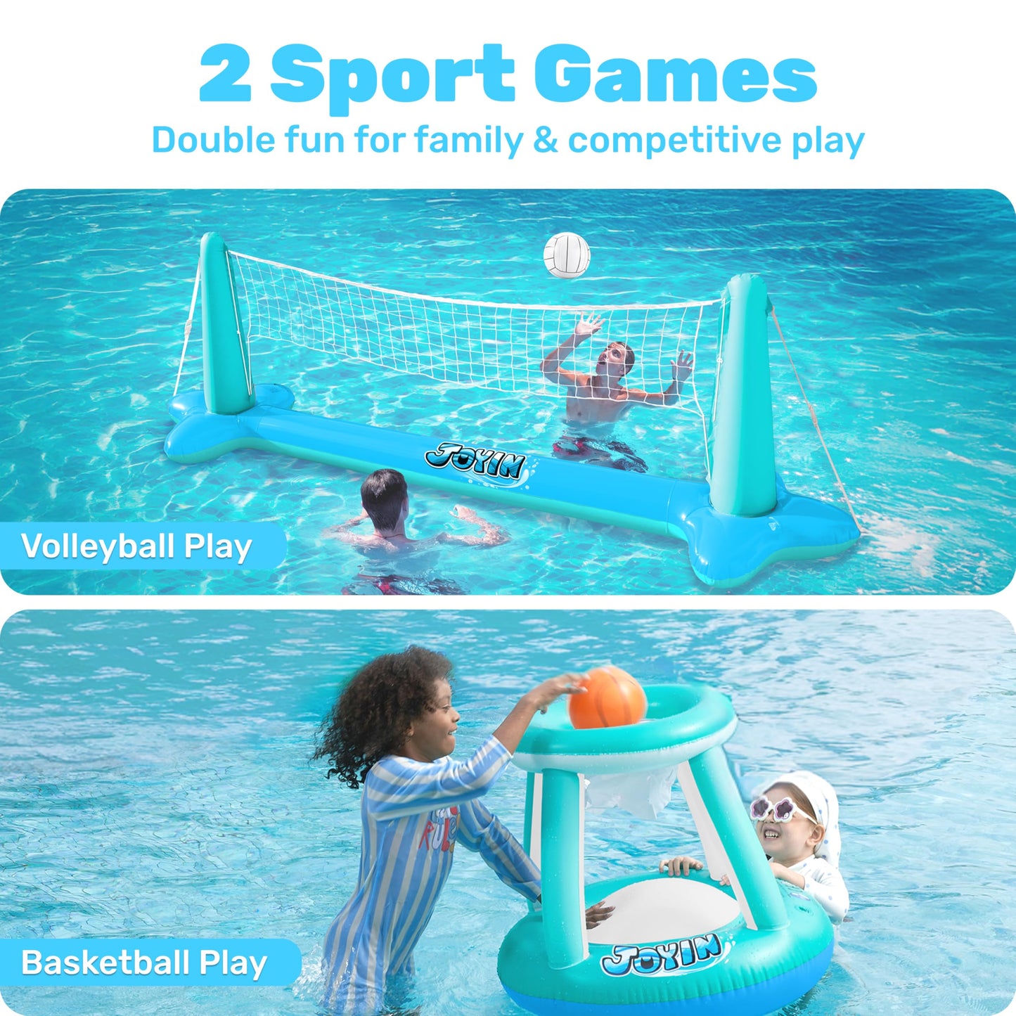 JOYIN Inflatable Volleyball Court & Basketball Hoops Set - 105-inch Pool Court and 27-inch Hoops (Blue)