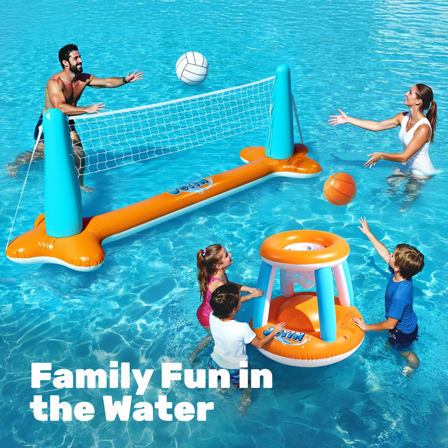 JOYIN Inflatable Pool Float Set with Volleyball Net & Basketball Hoops – 105”x28”x38” / 27.6”x23” | L-Orange