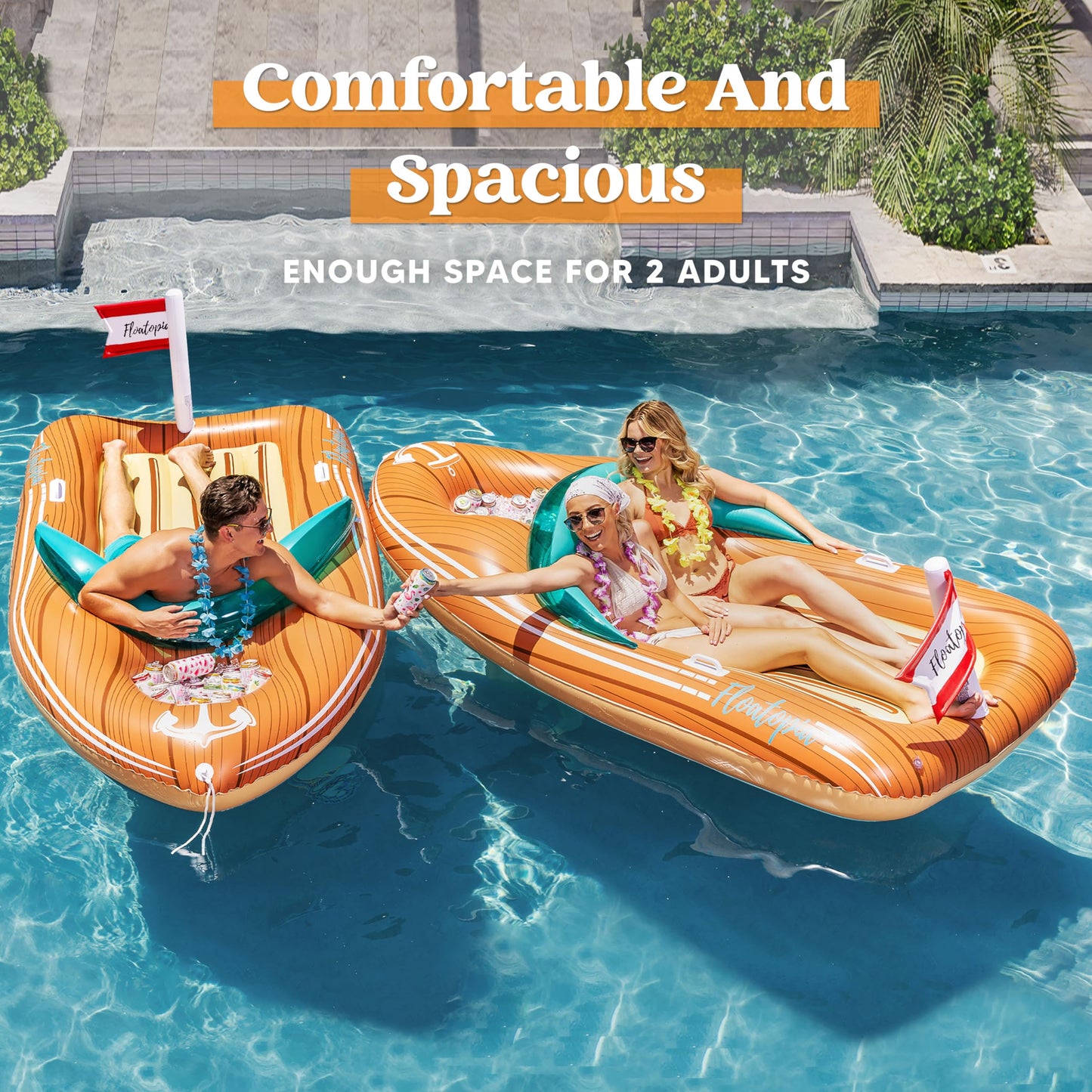 JOYIN Giant Boat Pool Float with Cooler – Two-Person Inflatable Lounger