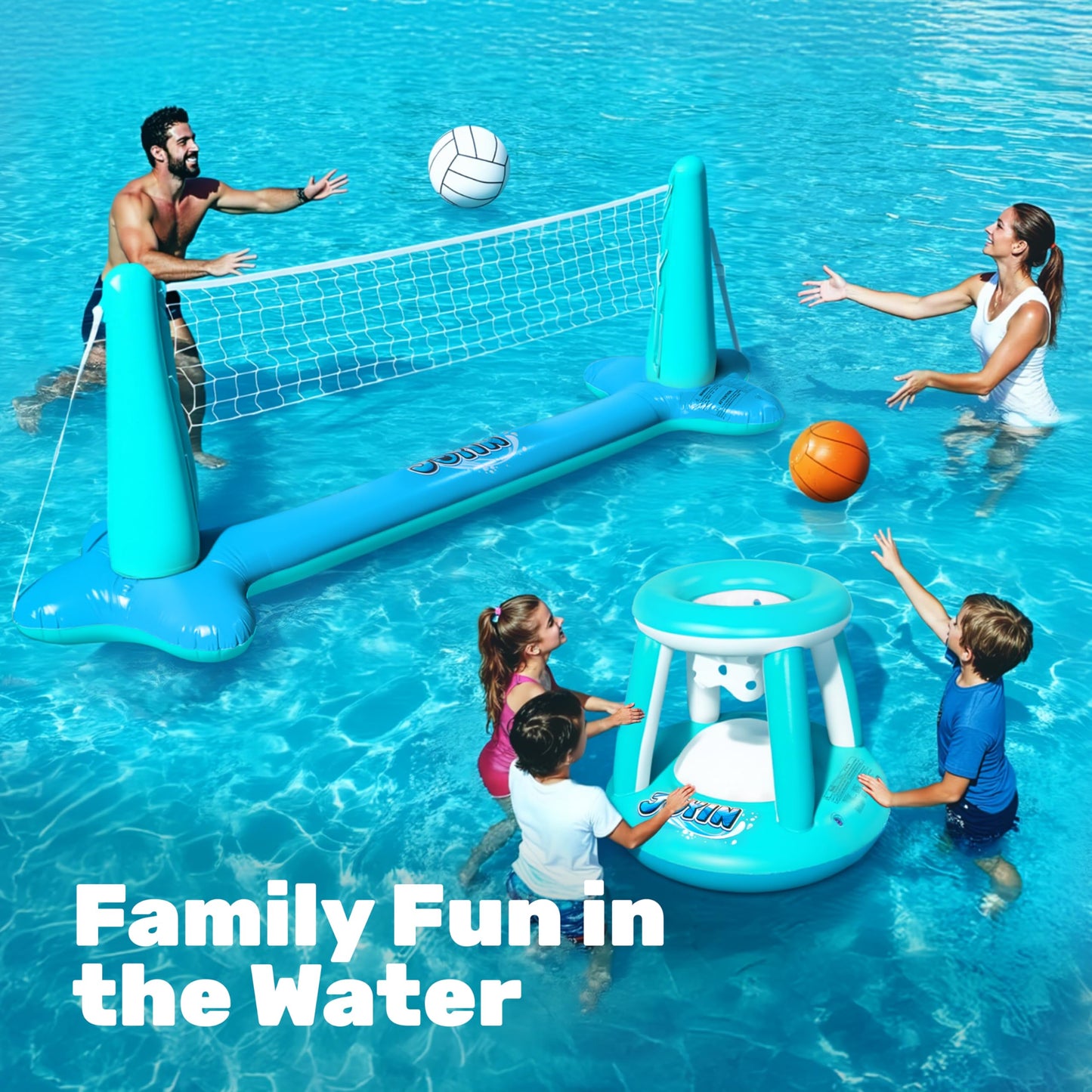 JOYIN Inflatable Volleyball Court & Basketball Hoops Set - 105-inch Pool Court and 27-inch Hoops (Blue)