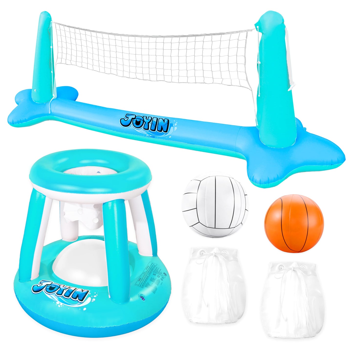 JOYIN Inflatable Volleyball Court & Basketball Hoops Set - 105-inch Pool Court and 27-inch Hoops (Blue)