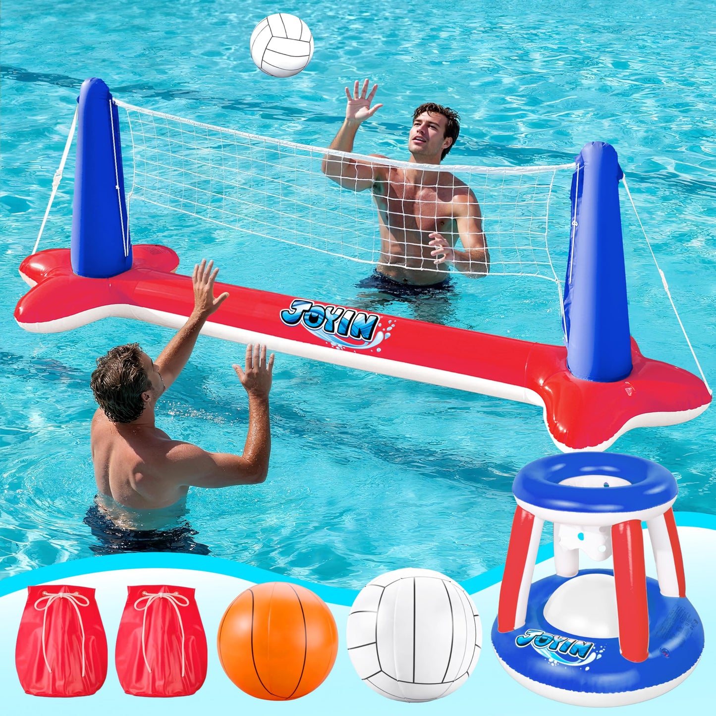 JOYIN Inflatable Pool Float Set – Volleyball Court Net & Basketball Hoops with Balls Included | Summer Pool Games for Kids & Adults | L-Red
